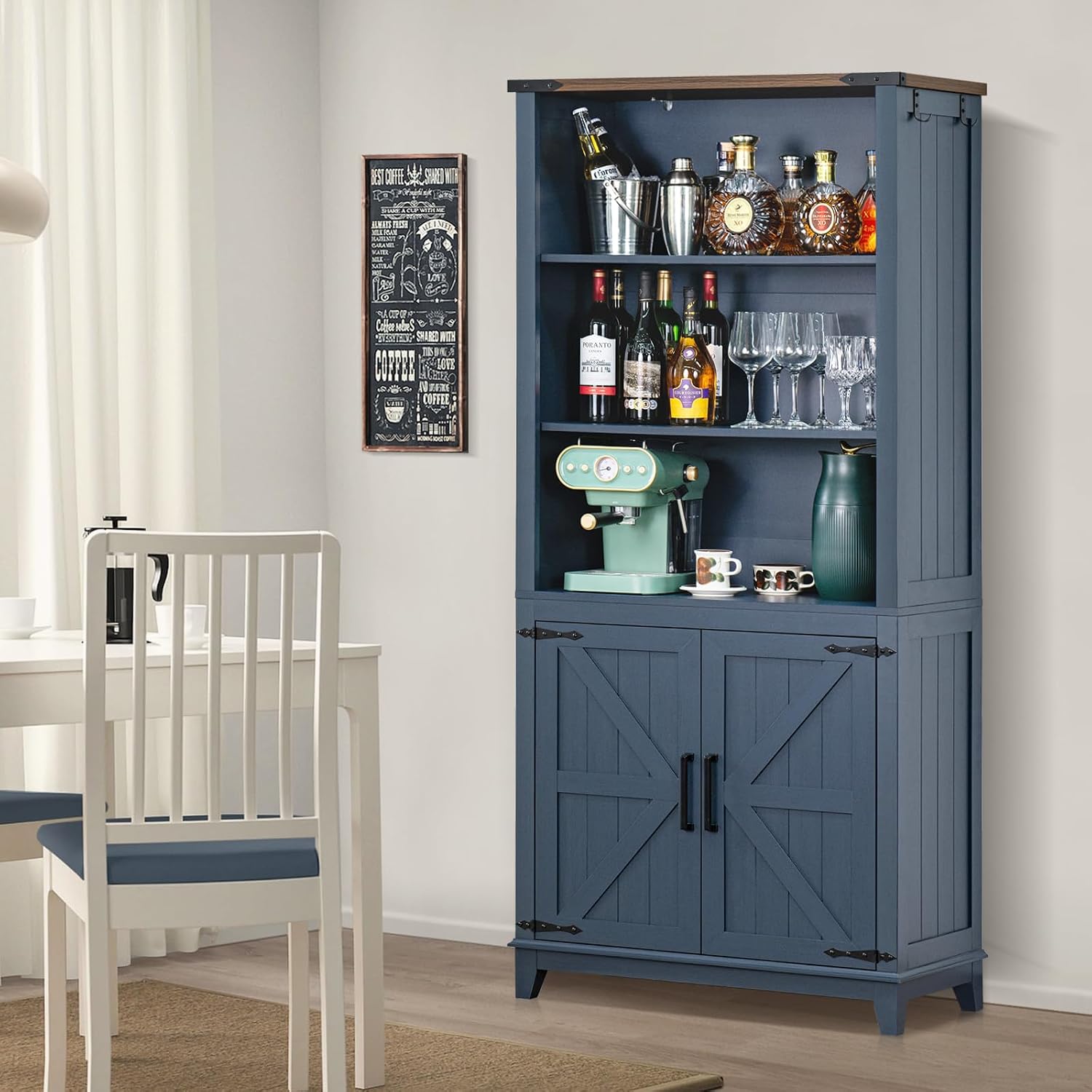 Joaxswe 70in Tall Bookshelf 5 Tier Bookcase with Barn Doors and Adjustable Shelves, Blue Farmhouse Book Shelf with Storage Cabinet, Wood Freestanding Display Bookshelves for Bedroom, Living Room | Bookcase