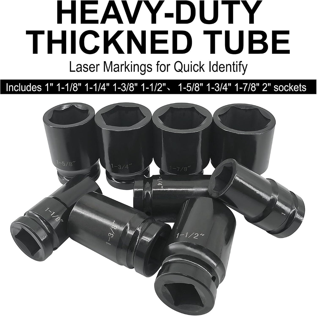 1 Inch Drive Deep Impact Socket Set, 9 Pieces Jumbo Impact Socket Sets, SAE 1' to 2', Chrome Steel, 6-Point Design, Metal Case