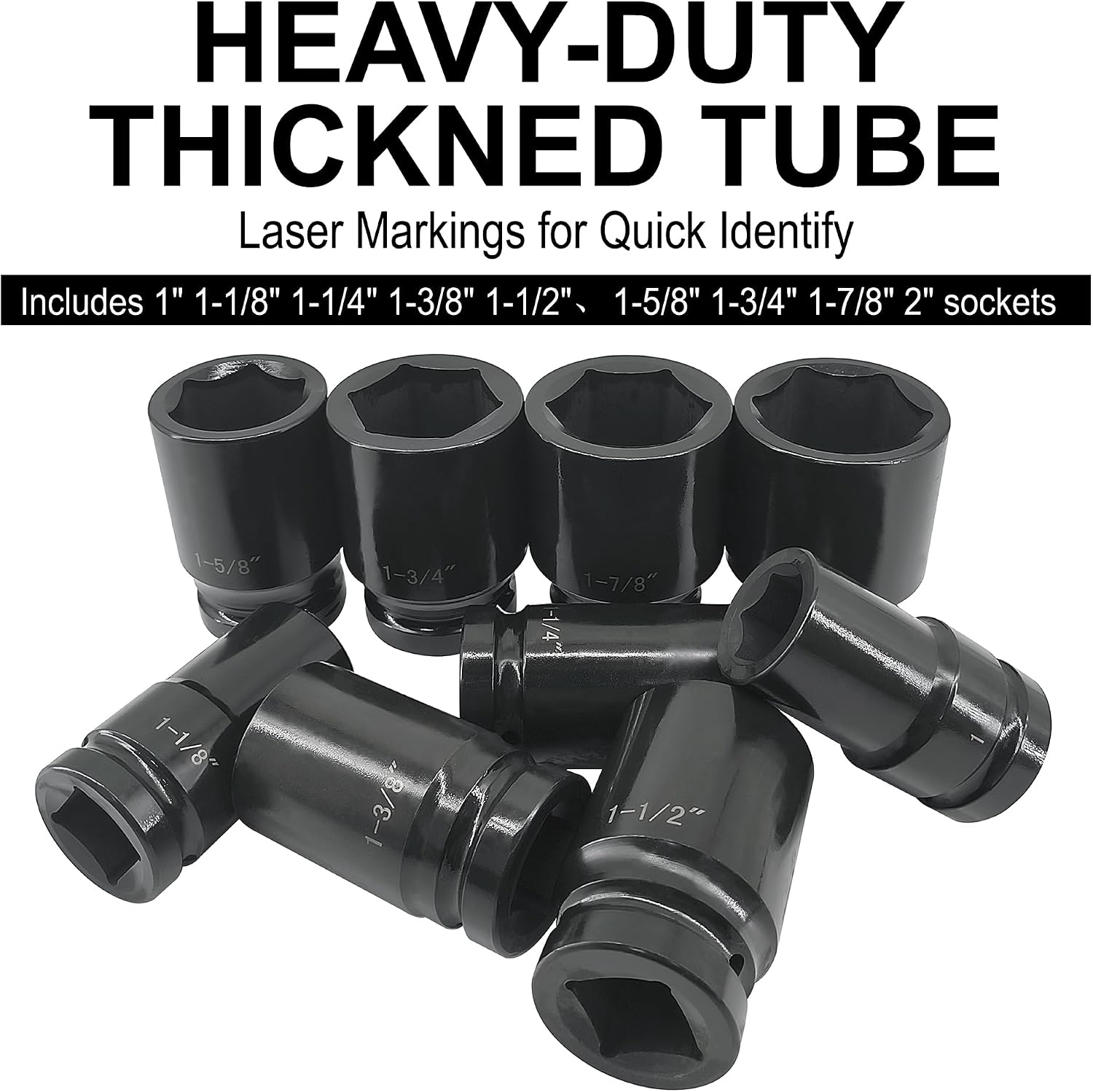 1 Inch Drive Deep Impact Socket Set, 9 Pieces Jumbo Impact Socket Sets, SAE 1' to 2', Chrome Steel, 6-Point Design, Metal Case