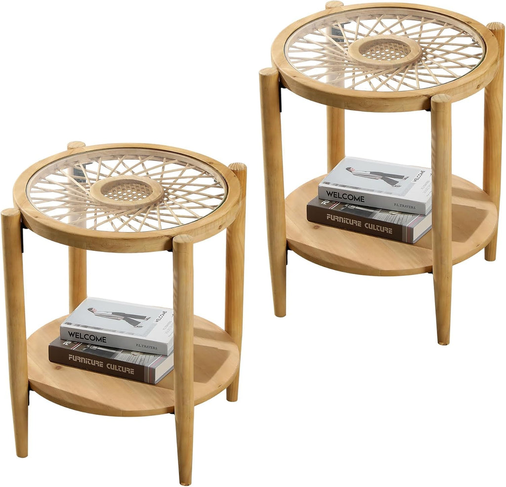 RUSTOWN Rattan Nightstands Set of 2,Boho Wood Round Side Tables, 2-Tier Natural End Table with Glass Top and Wood Legs, Sofa Side Table Bedside Table for Living Room Bedroom Couch(Natural)