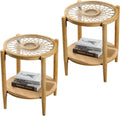 RUSTOWN Rattan Nightstands Set of 2,Boho Wood Round Side Tables, 2-Tier Natural End Table with Glass Top and Wood Legs, Sofa Side Table Bedside Table for Living Room Bedroom Couch(Natural)