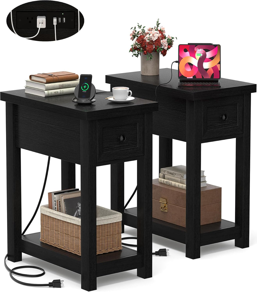 Armocity Narrow End Table Set of 2 with Charging Station - Farmhouse Side Tables with Drawers, 14' Wood Nightstands Set of 2 for Bedroom Living Room, Slim Couch Bedside Table Small Spaces, Black