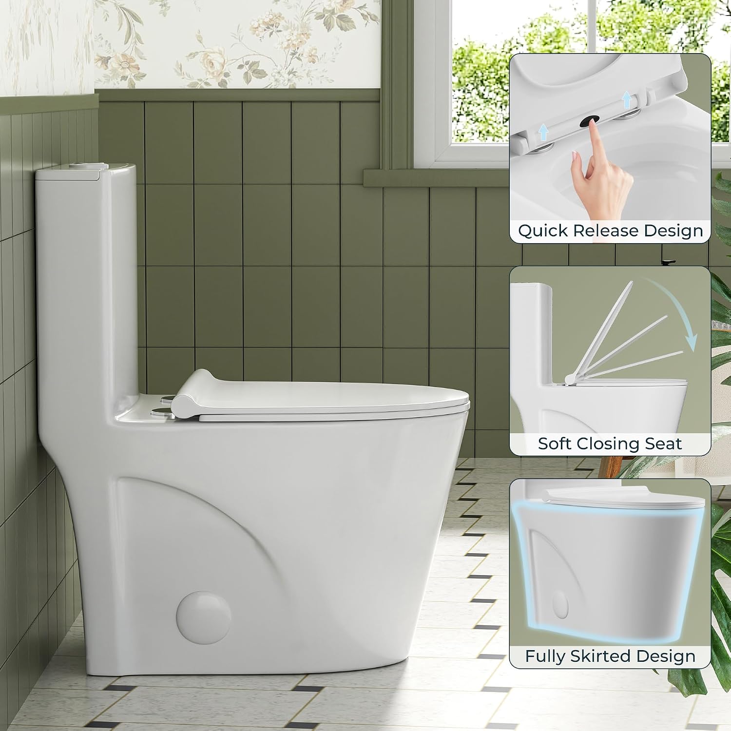 Modern One Piece Toilet, 1.1/1.6 GPF Elongated Dual Flush Toilet with Soft Closing Seat, Standard Modern Toilet for Bathroom, 12' Rough-In (White)
