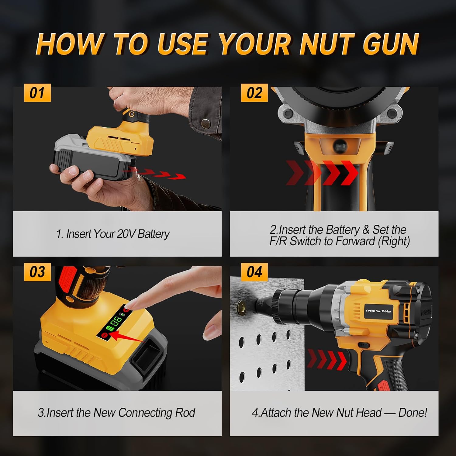 Electric Rivet Nut Tool Kit Compatible with DeWalt 20V Battery(Not Battery), Rivet Nut Gun with 1/4', 5/16', 3/8' Head, Rivnut Gun with Auto Mode & Memory Function, for Metal Fabrication & Car Repair