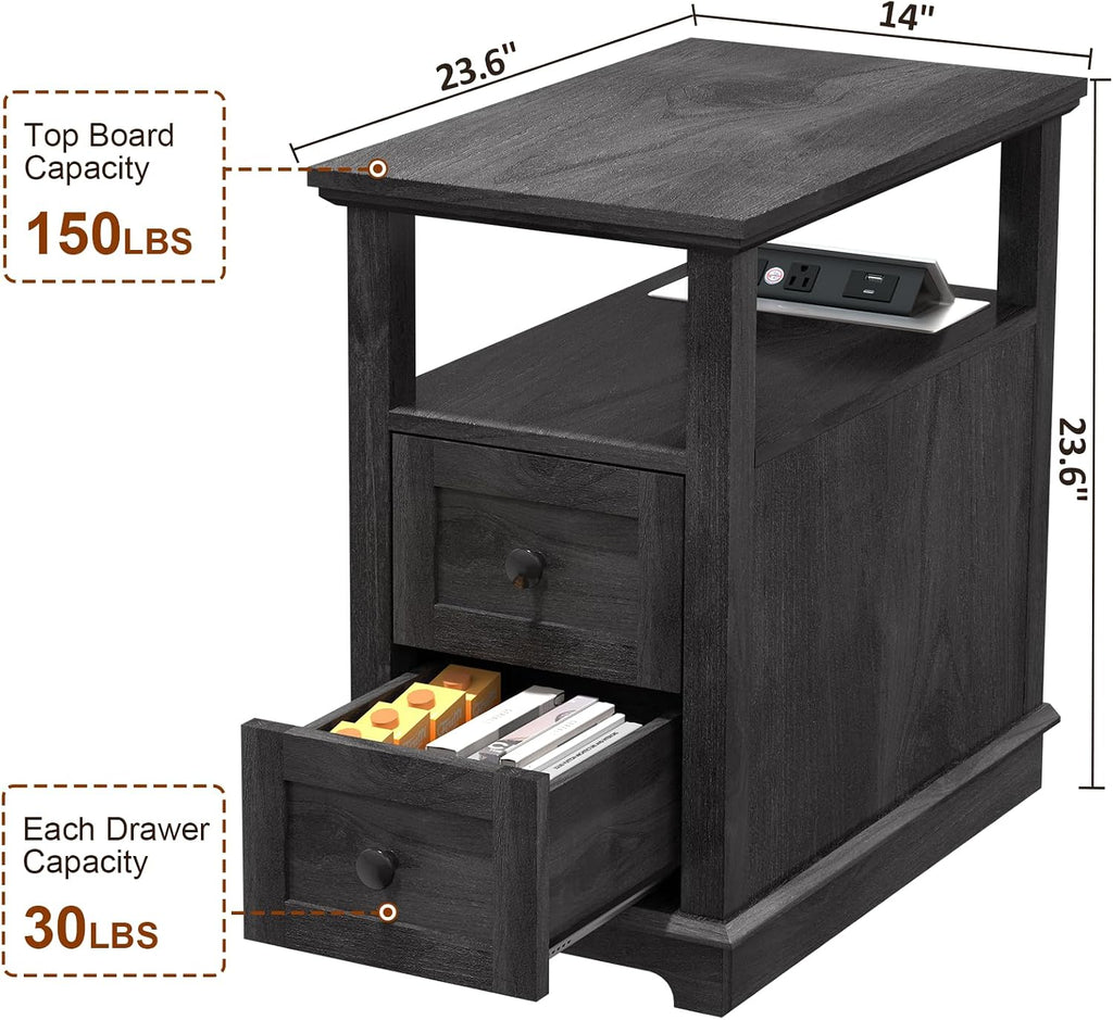 HIFYOBRO Narrow End Table with Flip Top Charging Station and 2 Drawers, Type-C & USB Port & Power outlets, Wooden Storage Cabinet, Side Table with Storage for Living Room and Bedroom