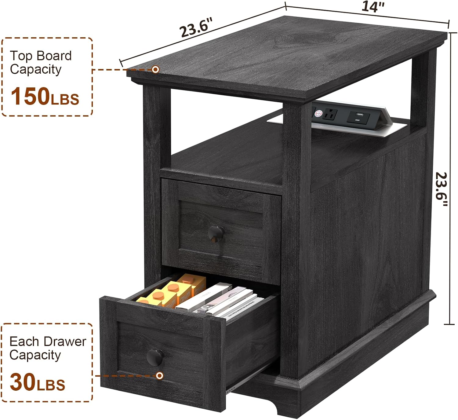HIFYOBRO Narrow End Table with Flip Top Charging Station and 2 Drawers, Type-C & USB Port & Power outlets, Wooden Storage Cabinet, Side Table with Storage for Living Room and Bedroom