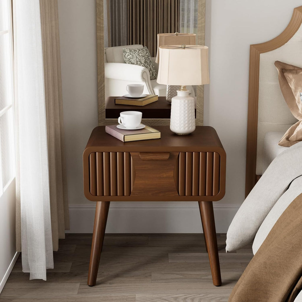 COSIEST Mid Century Modern Nightstands Set of 2, MCM Vintage Bedside Tables with Storage Drawers, Wood End Tables for Bedroom, Living Room (Brown, Striped Pattern)