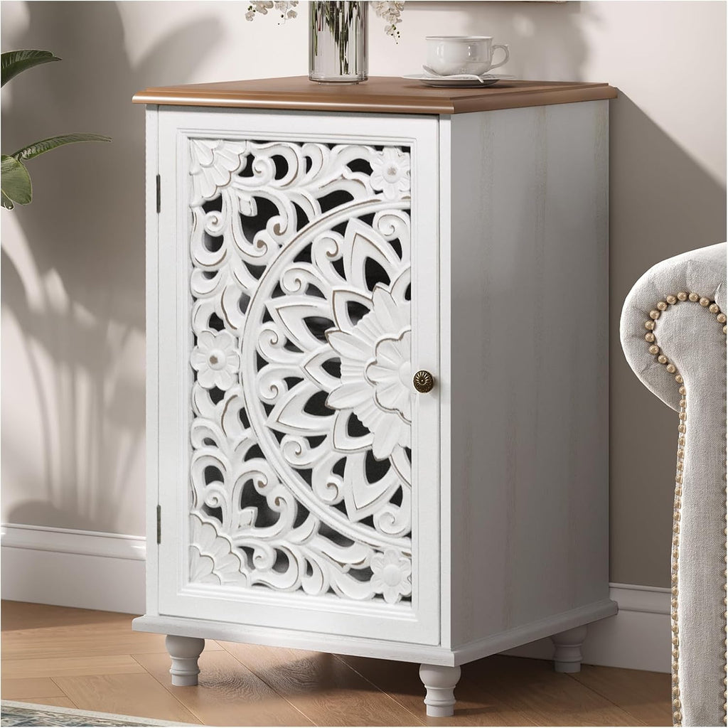 JOINICE Small Accent Cabinet with Carved Mandala Door, White Storage Cabinet with Solid Wood Legs & Adjustable Shelf, Boho Distressed End Table for Living Room, Bedroom, Entryway Side Table