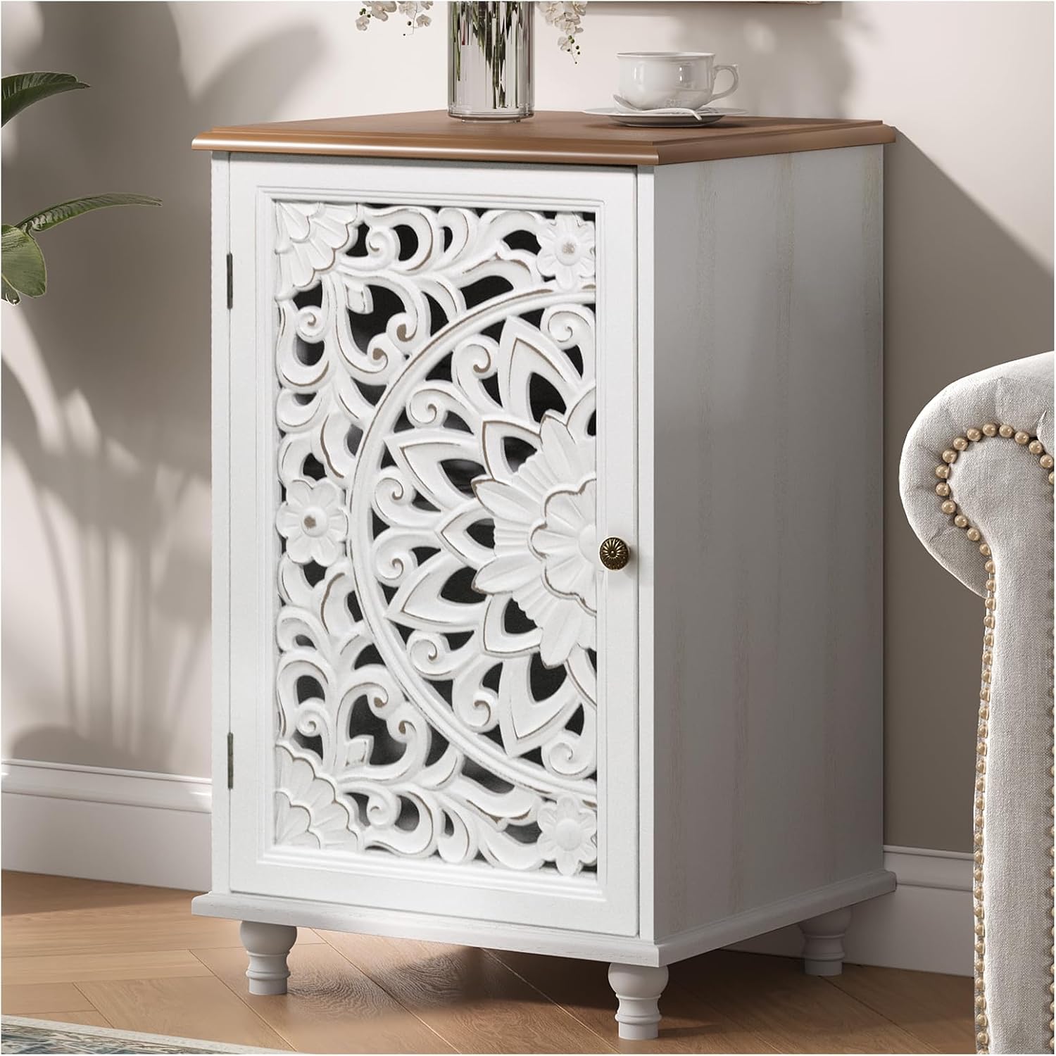 JOINICE Small Accent Cabinet with Carved Mandala Door, White Storage Cabinet with Solid Wood Legs & Adjustable Shelf, Boho Distressed End Table for Living Room, Bedroom, Entryway Side Table