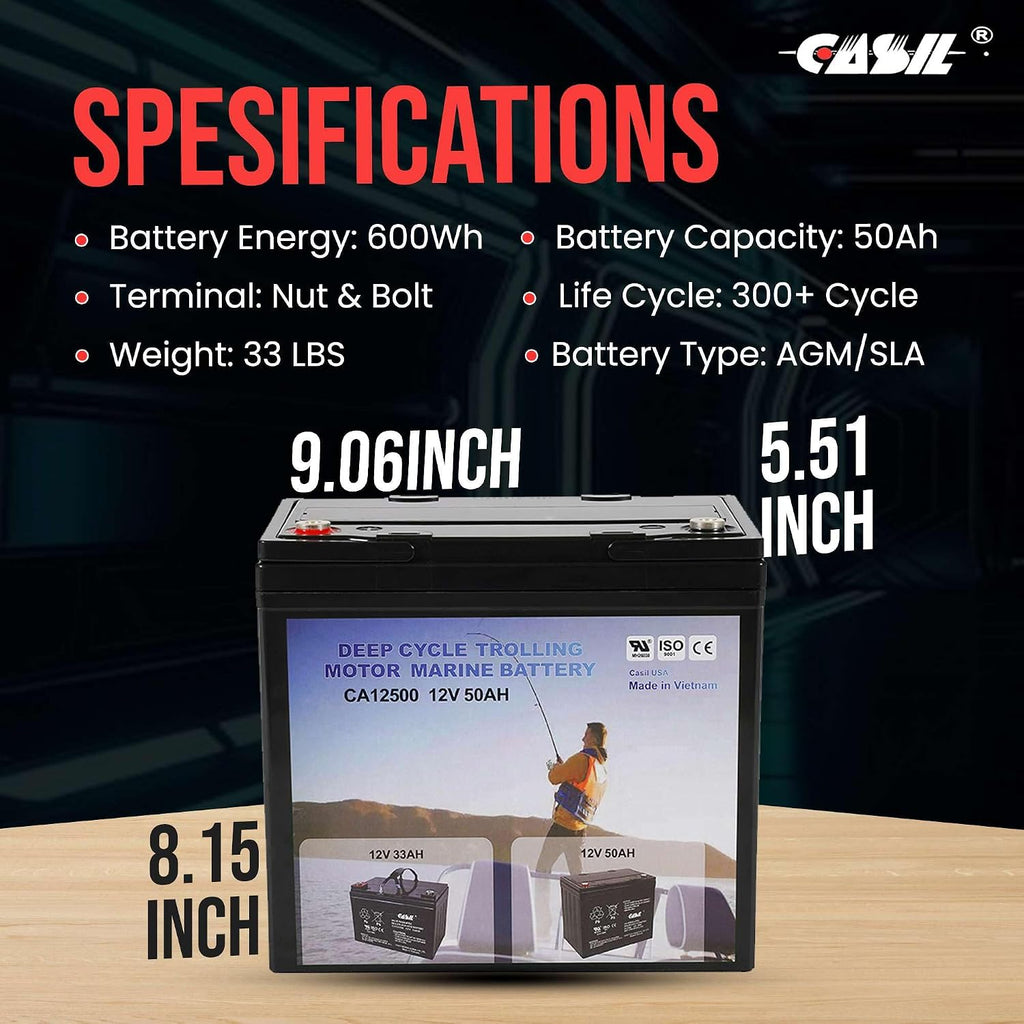 Casil 2 Pack 12V 50Ah Deep Cycle AGM Solar Battery Marine Battery Trolling Motor Battery for RV Minn Kota Electric Wheelchair Pride Motorized Wheelchair Electric Boat Motor and Solar Applications