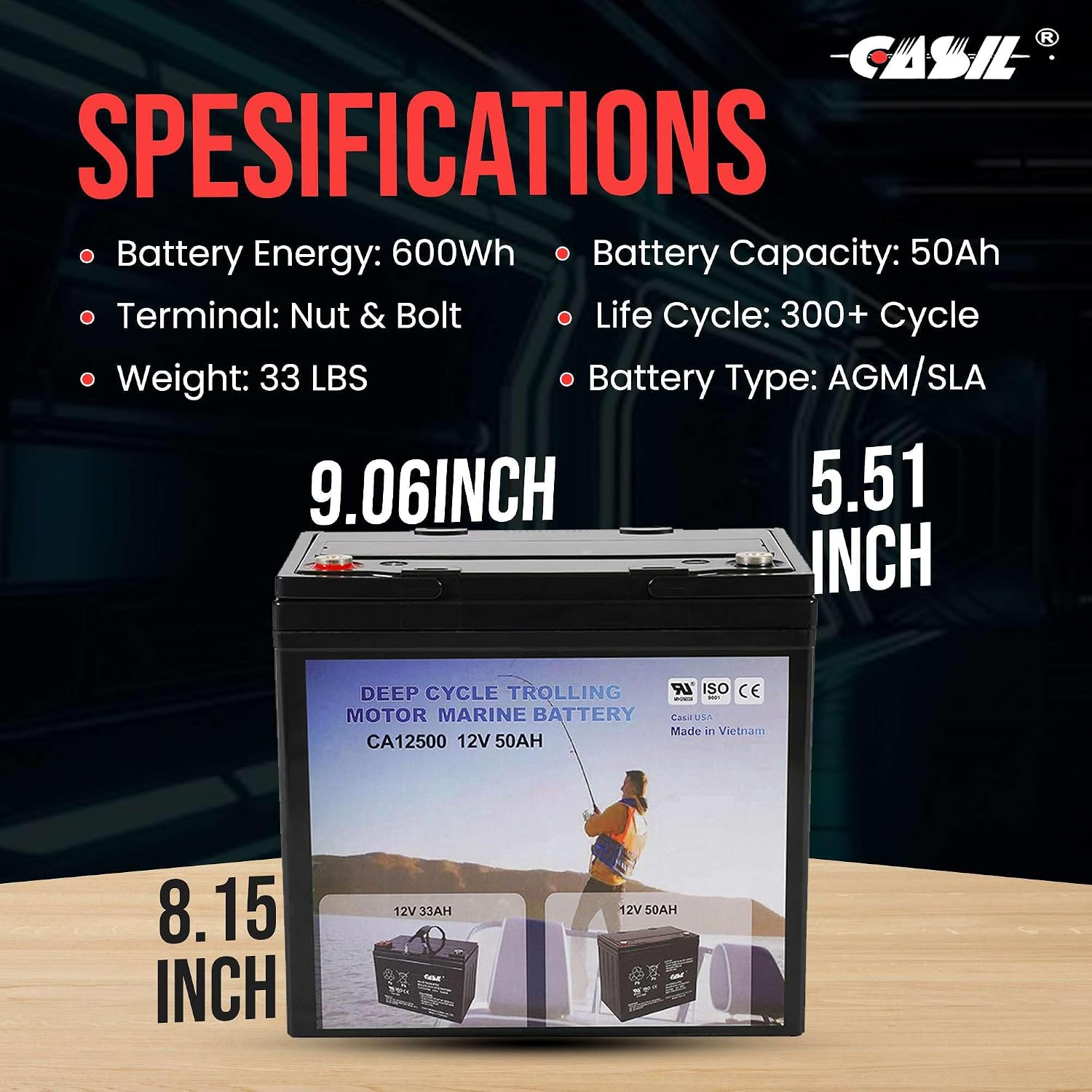 Casil 2 Pack 12V 50Ah Deep Cycle AGM Solar Battery Marine Battery Trolling Motor Battery for RV Minn Kota Electric Wheelchair Pride Motorized Wheelchair Electric Boat Motor and Solar Applications