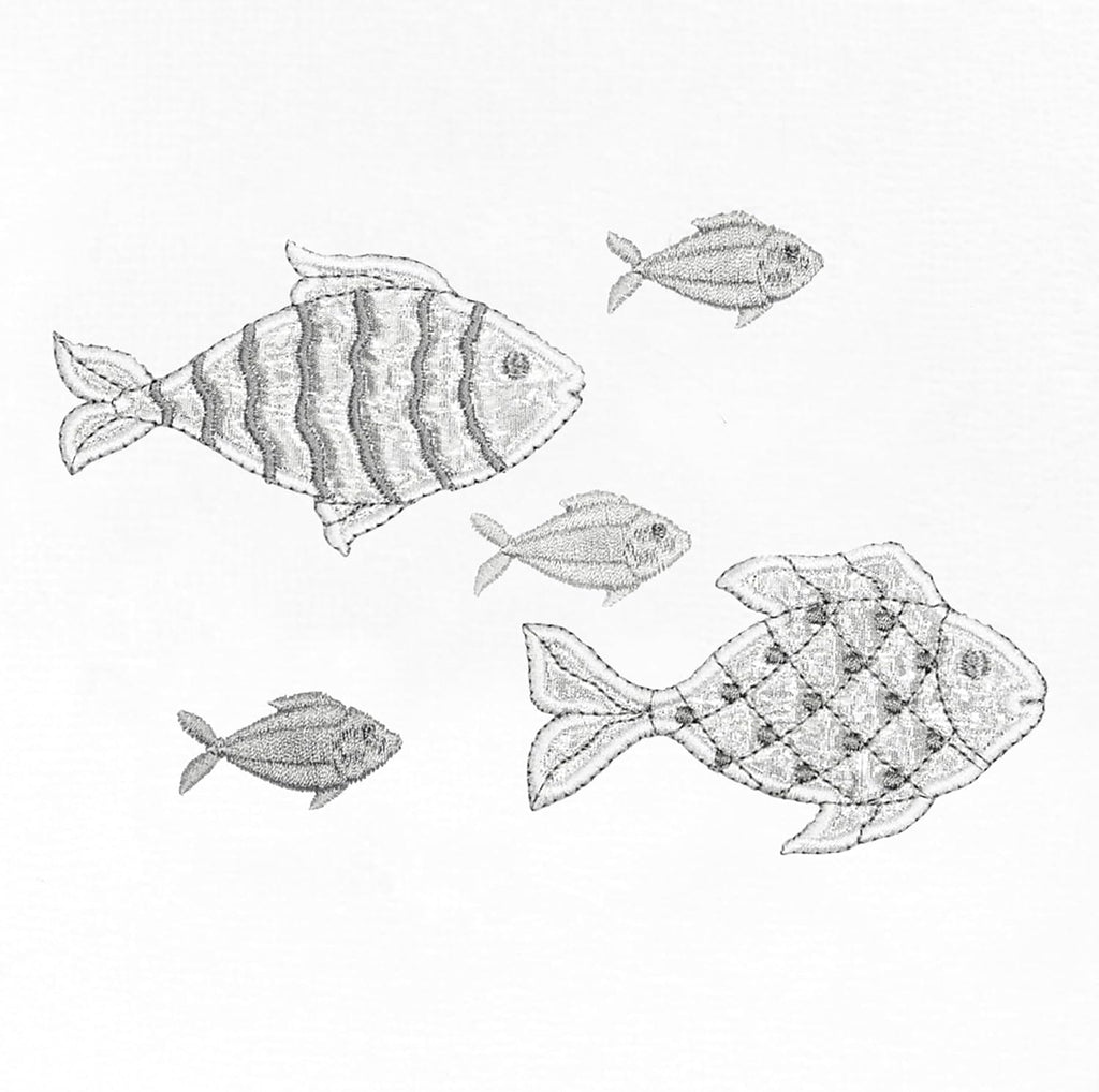 Treasure 4-Piece Premium Towel Set, Sparkling Applique Fish, Ultra Plush Turkish Cotton, Durable, Perfect for Bathroom, 2 Bath 2 Hand Towels, White