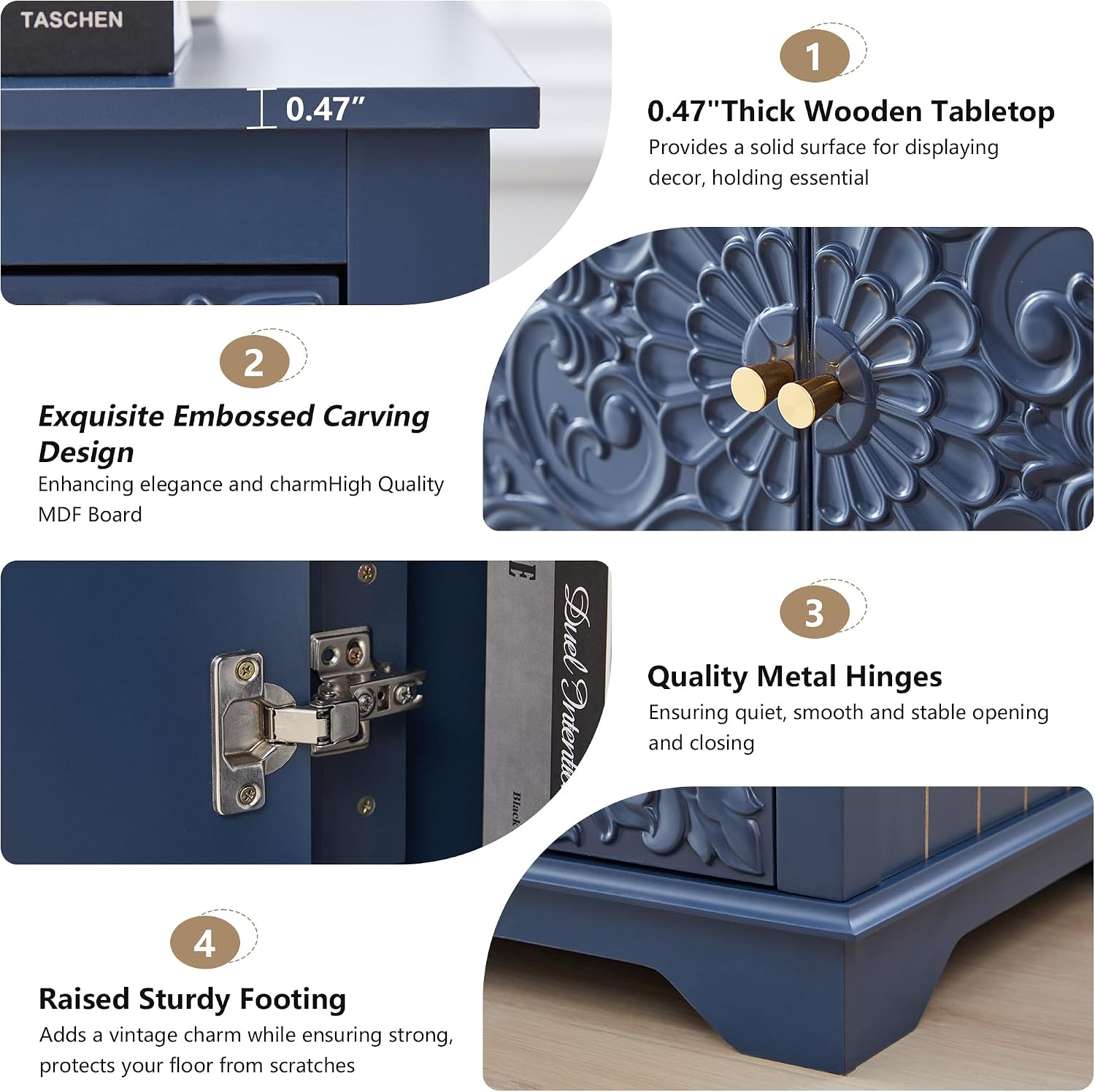 weselon End Table Set of 2, 24' Farmhouse Nightstand with Carved Floral Door & Adjustable Shelf, Square Wooden Sofa Side Table with Storage for Living Room Bedroom (Midnight Blue)