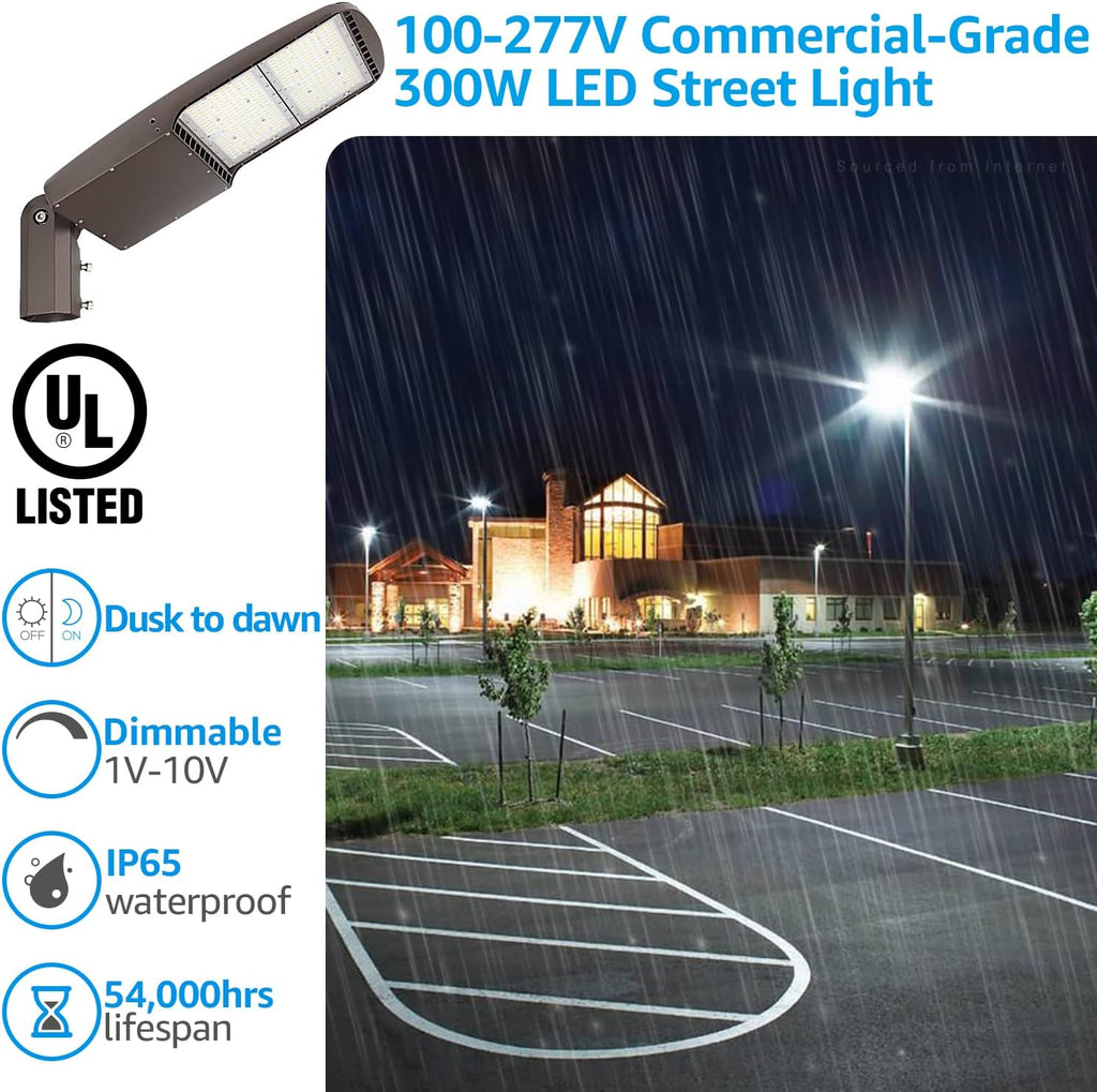 LEONLITE 300W LED Parking Lot Light, 1-10V Dimmable, Adjustable Arm Mount, 42,000lm UL & DLC Listed, Shoebox Pole Light with Photocell, 100-277V, Commercial Street Lighting, IP65, 5000K Daylight