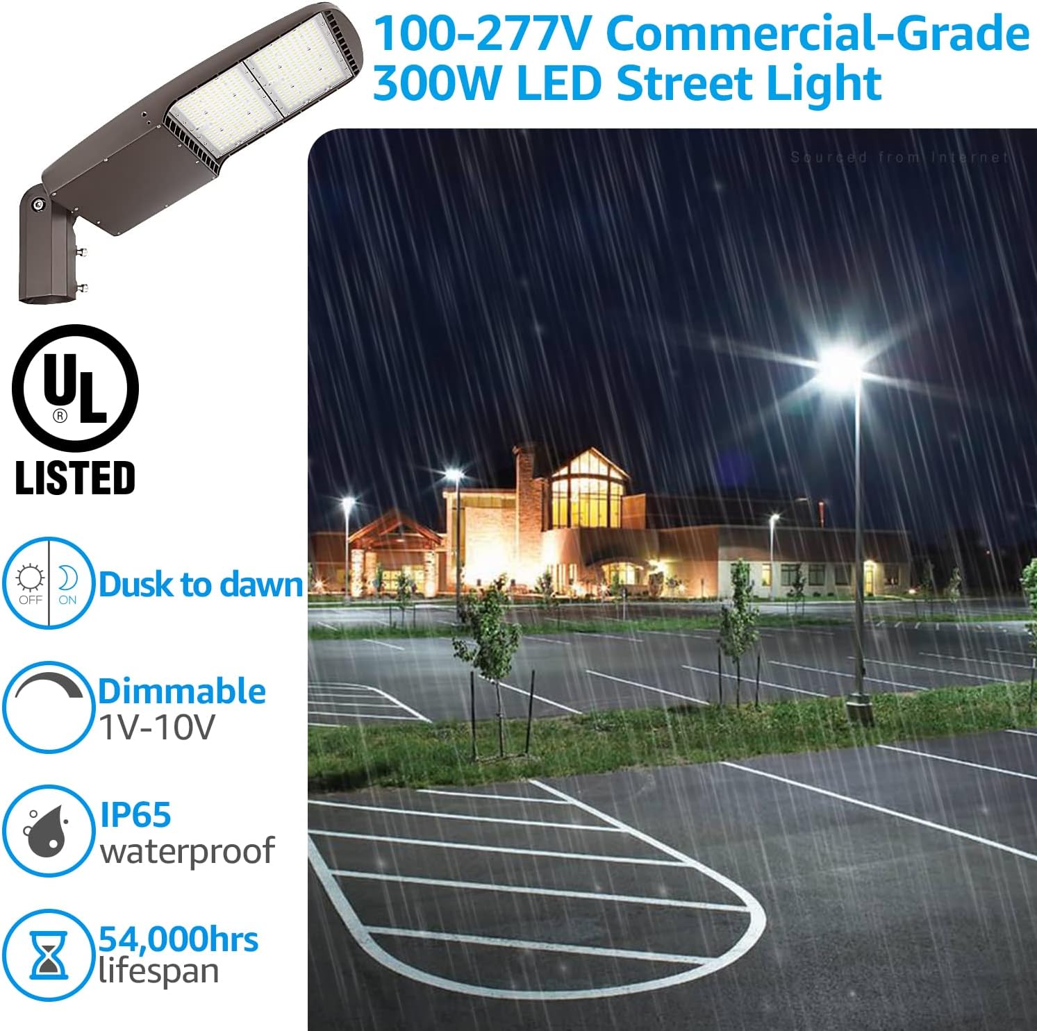 LEONLITE 300W LED Parking Lot Light, 1-10V Dimmable, Adjustable Arm Mount, 42,000lm UL & DLC Listed, Shoebox Pole Light with Photocell, 100-277V, Commercial Street Lighting, IP65, 5000K Daylight