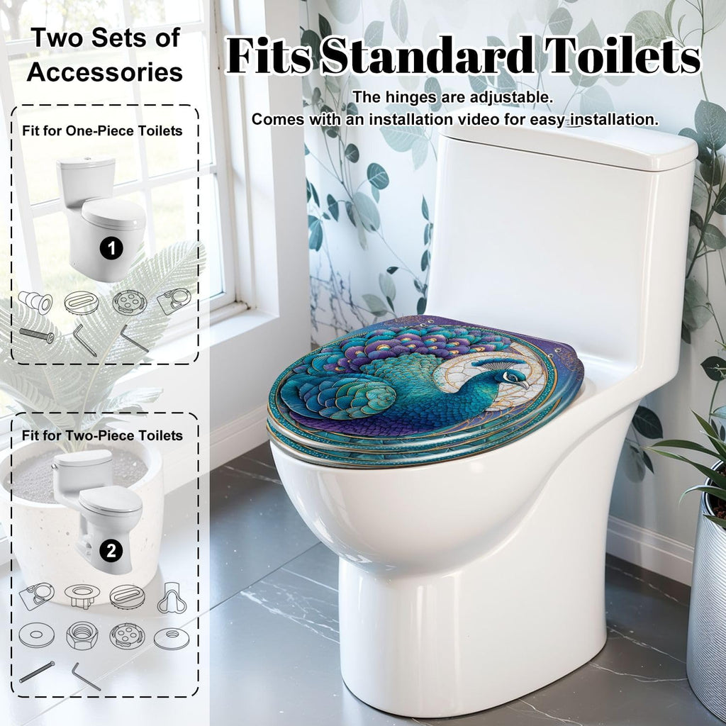 Elongated Toilet Seat Intricate Stained Glass Window Emerald Teal Design Resin Toilet Seat Slow Quiet Close Lid with Quick-Release Hinges Cover Bumpers Easy to Clean Install
