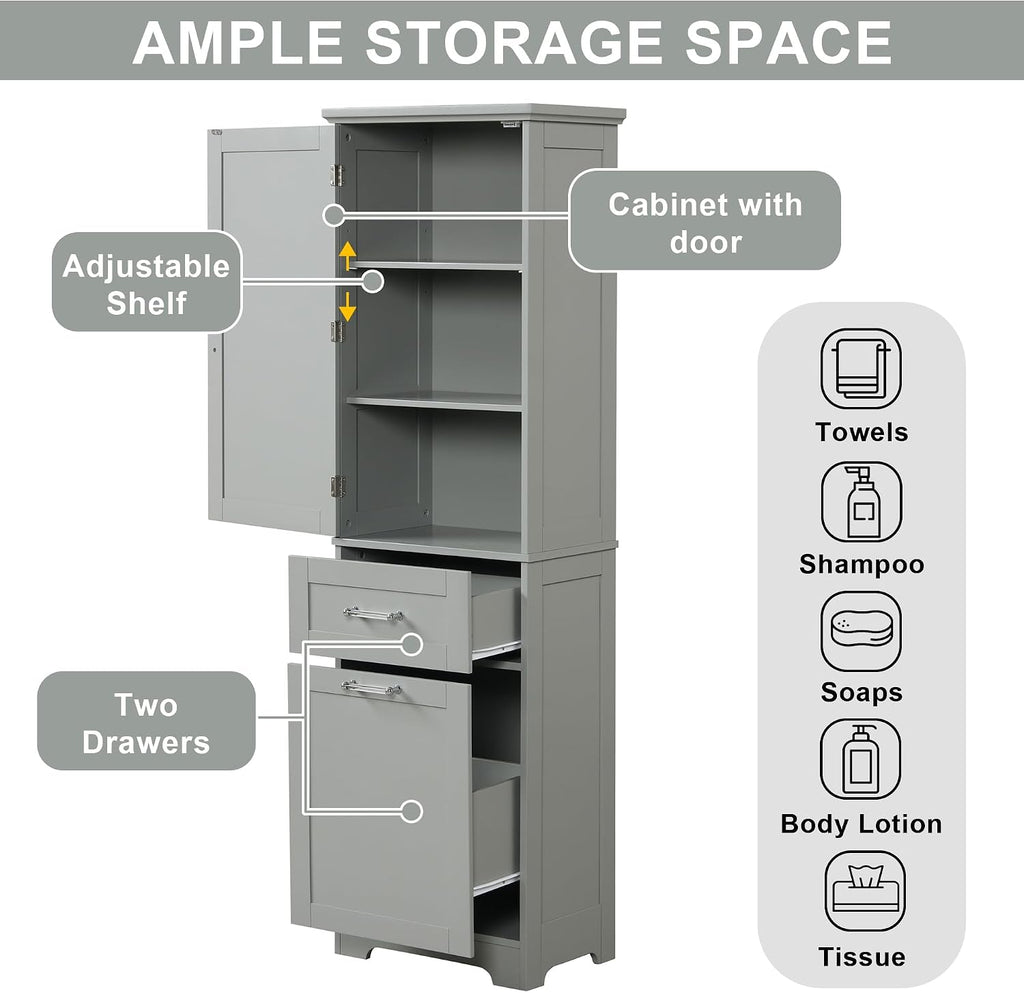 Bathroom Storage Cabinet with Adjustable Shelf, 68.4 in Tall | MDF, painted finish, adjustable shelf, enclosed storage, acrylic handles, anti-tip kit, bathroom, 20 W x 13.5 D x 68.4 H in