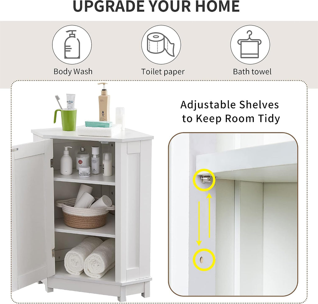 Floor Corner Cabinet with Doors and Adjustable Shelves, Freestanding Bathroom Corner Storage Cabinet for Bathroom, Living Room (1 Door, White)