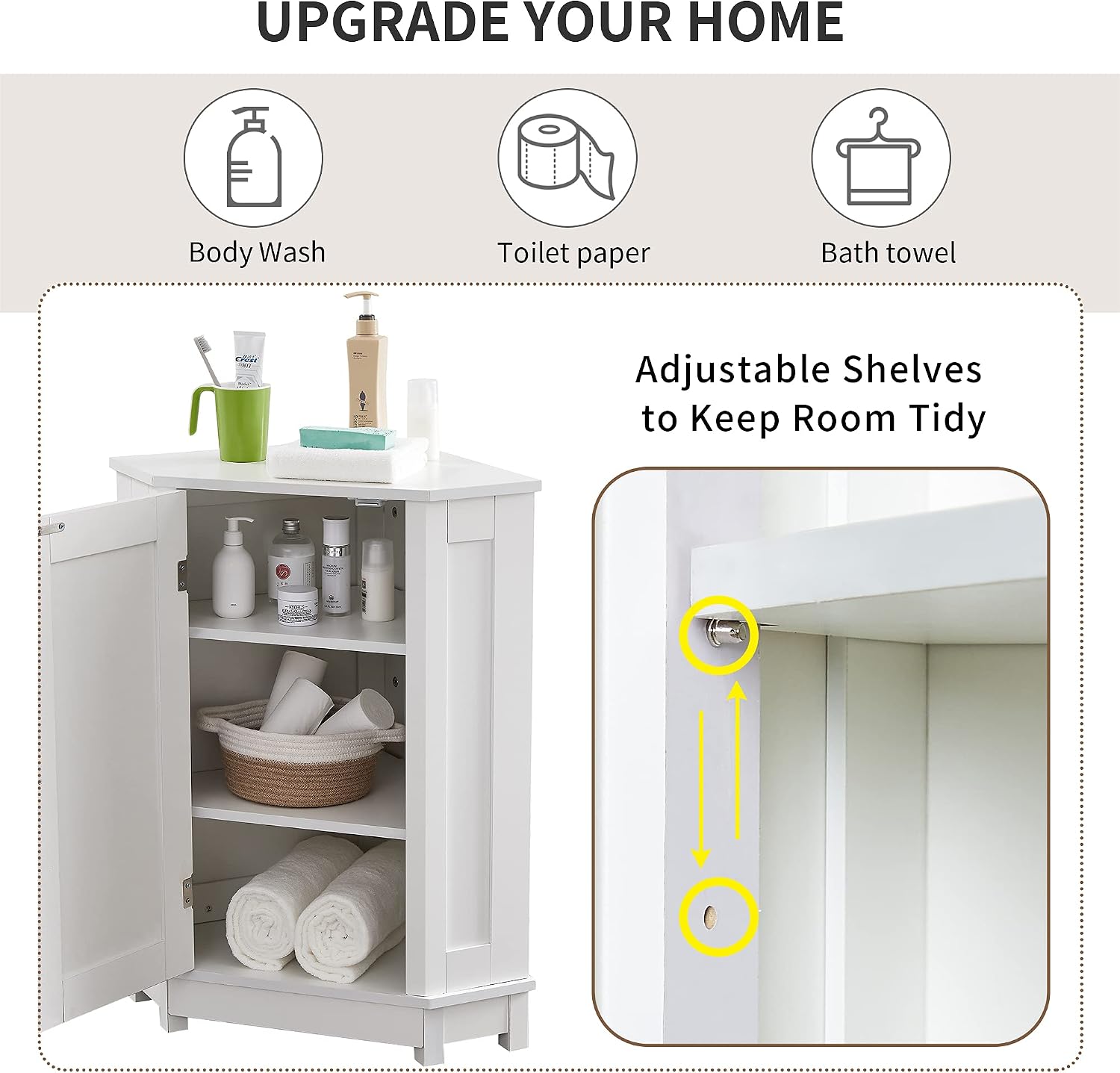 Floor Corner Cabinet with Doors and Adjustable Shelves, Freestanding Bathroom Corner Storage Cabinet for Bathroom, Living Room (1 Door, White)