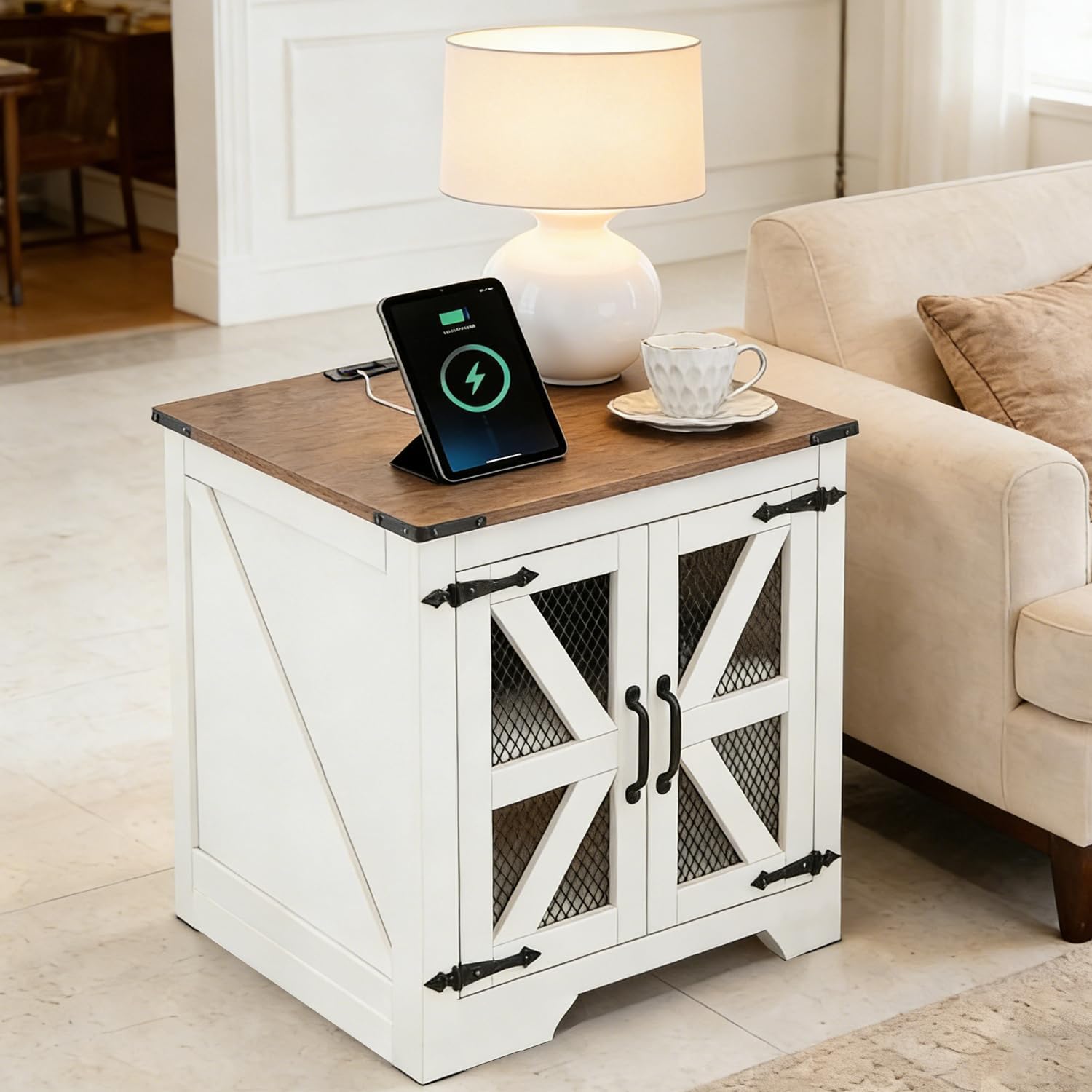 Farmhouse End Table Set with Charging Station Set of 2, Living Room Tables with Hidden Storage, Wood Square Sofa Bedside Tables, Night Stand with Power Outlet and Door, White