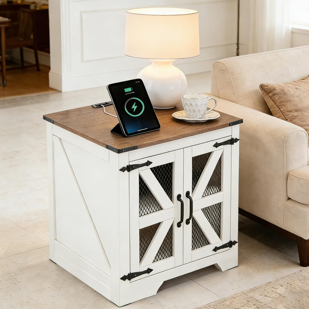 Farmhouse End Table Set with Charging Station, Living Room Tables with Hidden Storage, Wood Square Sofa Bedside Tables, Night Stand with Power Outlet and Door, White