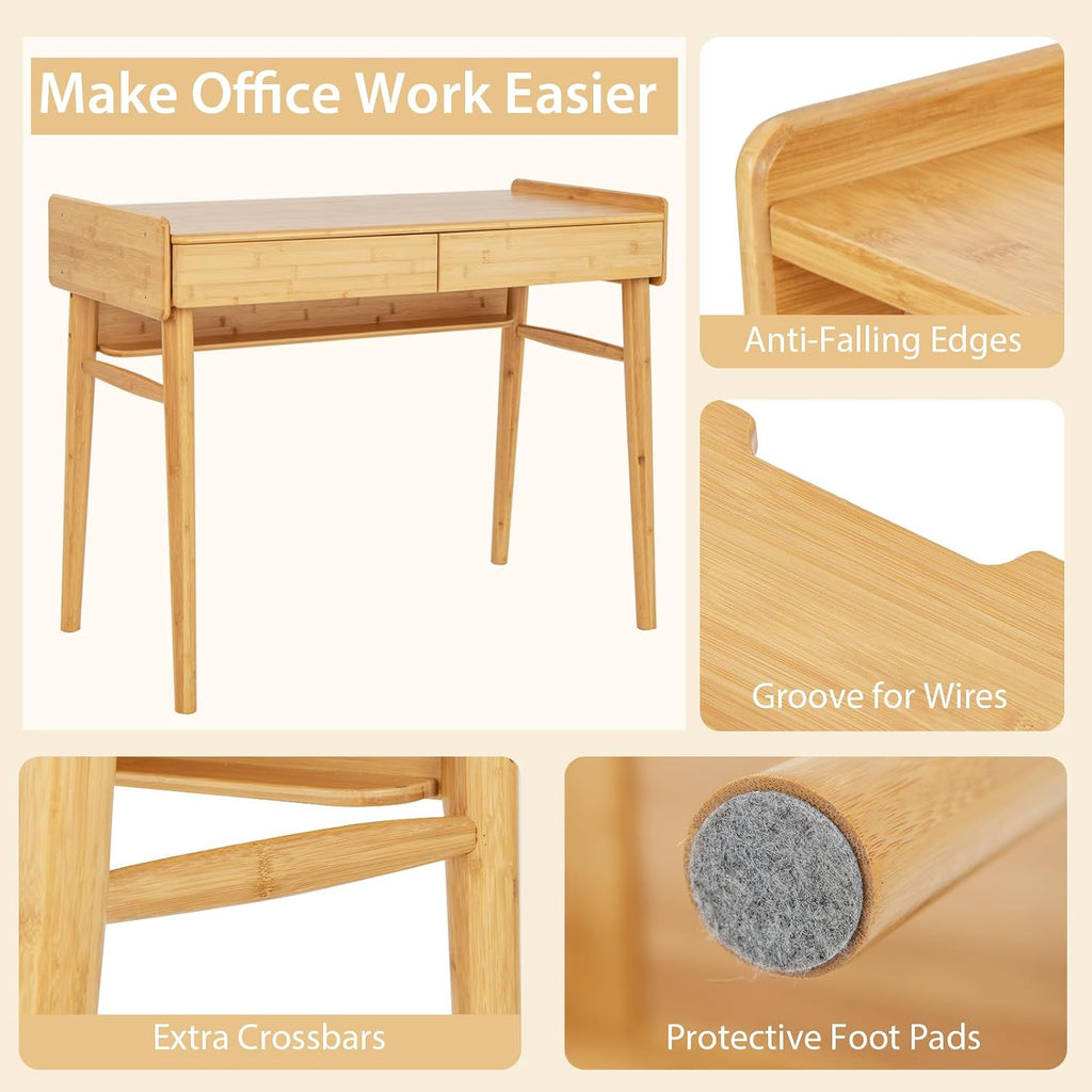 Tangkula Bamboo Mid Century Desk with 2 Storage Drawers, Home Office Study Writing Desk with Shelf & Cable Management Groove, Home Office Desk for Working & Learning (Natural)