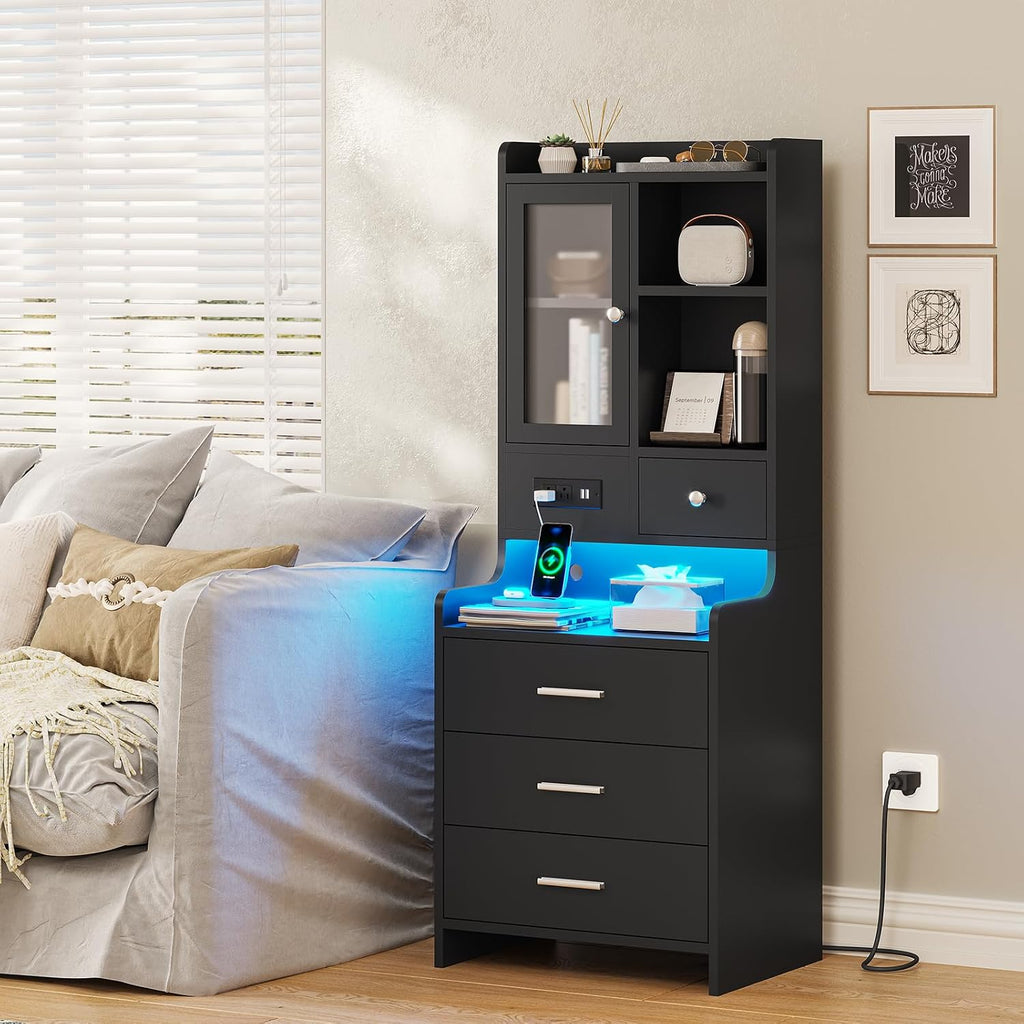 ADORNEVE Black Night Stand Set of 2 with Charging Station,49.2' LED Nightstand for Bedroom,Tall Bedside Table with Bookshelf and Drawers,Side Tables Bedroom,13.8' D x 17.7' W x 49.2' H
