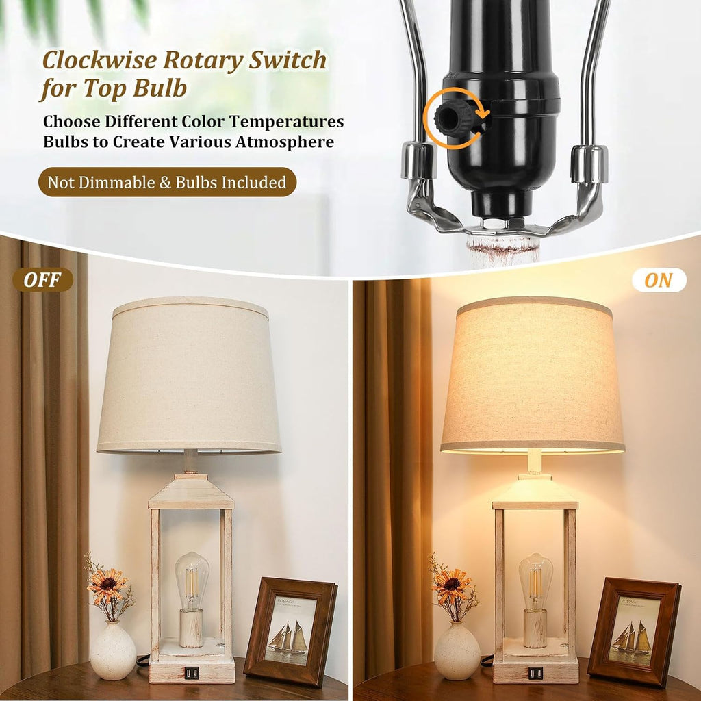 28' Farmhouse Table Lamps for Living Room Set of 2, 3-Way Dimmable Bedside Lamp with USB Ports, White Rustic Touch Control Nightstand Lamps for Bedroom, Modern Desk Lamp for Office, 4 Bulbs Included