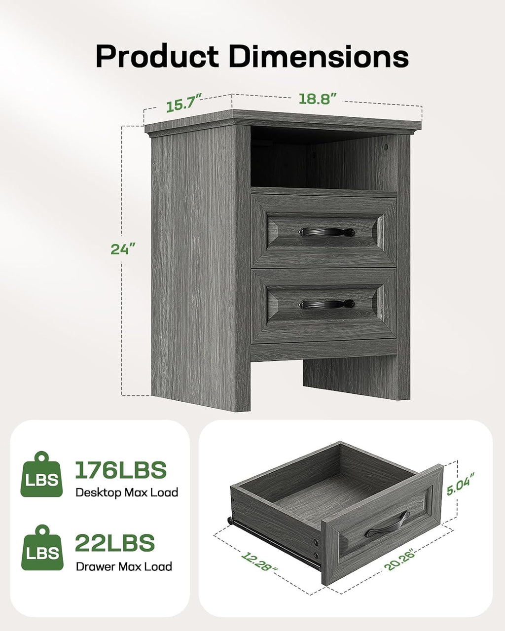 Marsail Nightstand for Bedroom, Night Stand with Charging Station, Bedside Table with 2 Drawers & Open Shelf, Farmhouse End Table Storage Cabinet, Gray
