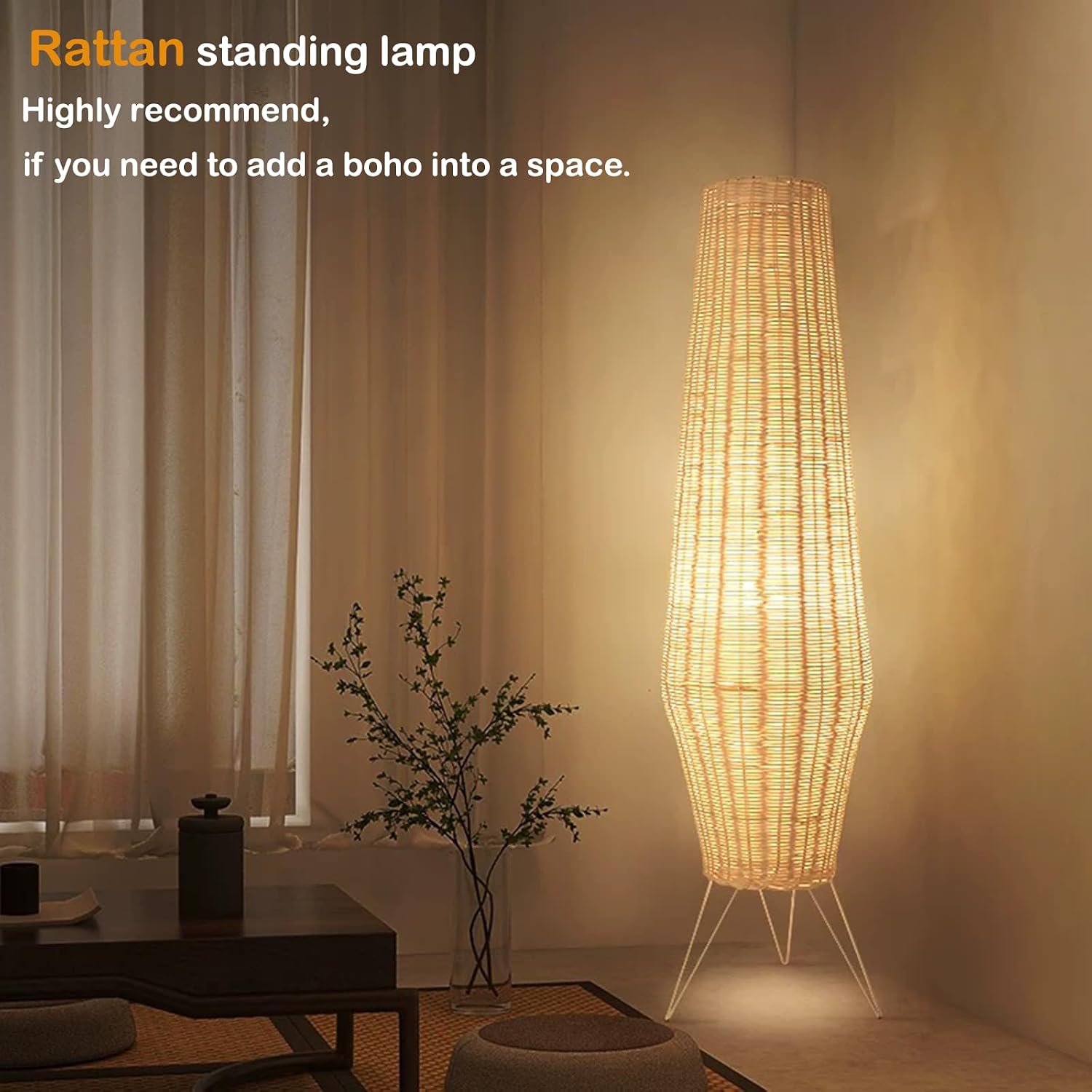47In Rattan Floor Lamps for Living Room,Modern Farmhouse Floor Lamp | Bohemian Weave Wicker Standing Lamp with Foot Switch Standing Lamps for Bedroom,Office Decor Boho