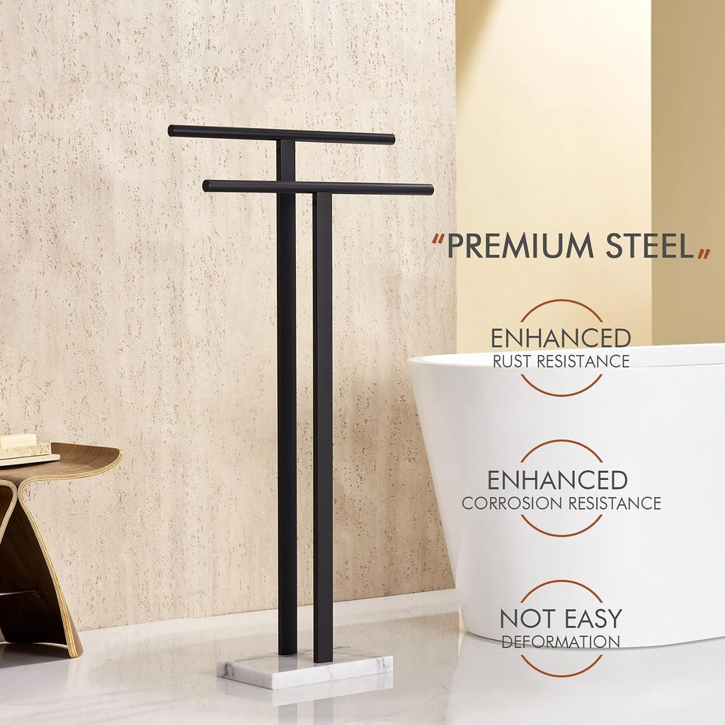 KOKOSIRI 24 Inch Hand Towel Bar Bathroom Towel Holder for Bath Standing Towel Rack for 2-Tier Towel Holder with Heavy Marble Base Matte Black B4005BK-L24+THS0005-BK