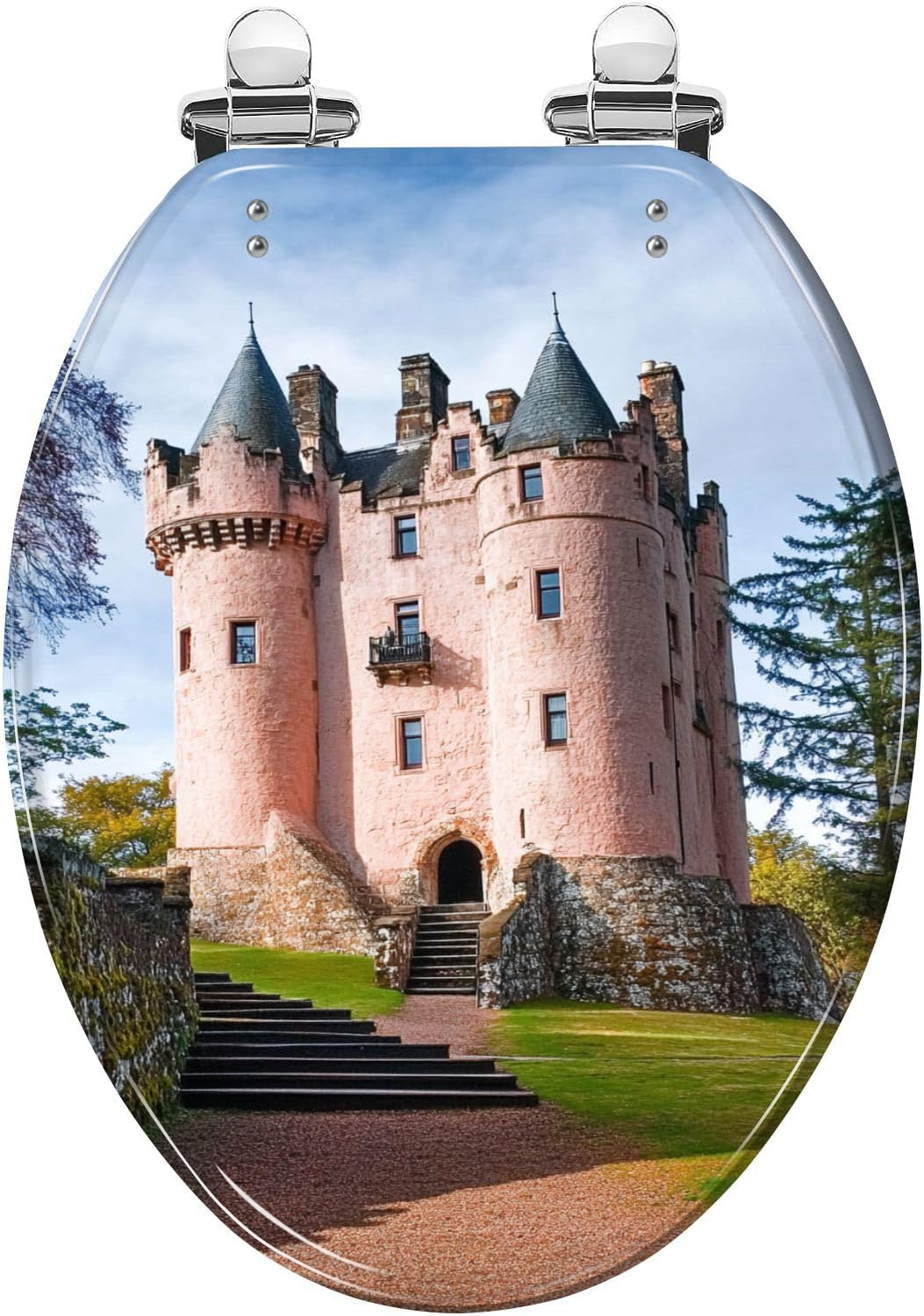 Elongated Toilet Seat Craigievar Castle Aberdeenshire Scotland Resin Toilet Seat Slow Quiet Close Lid with Quick-Release Hinges Cover Bumpers Easy to Clean Install