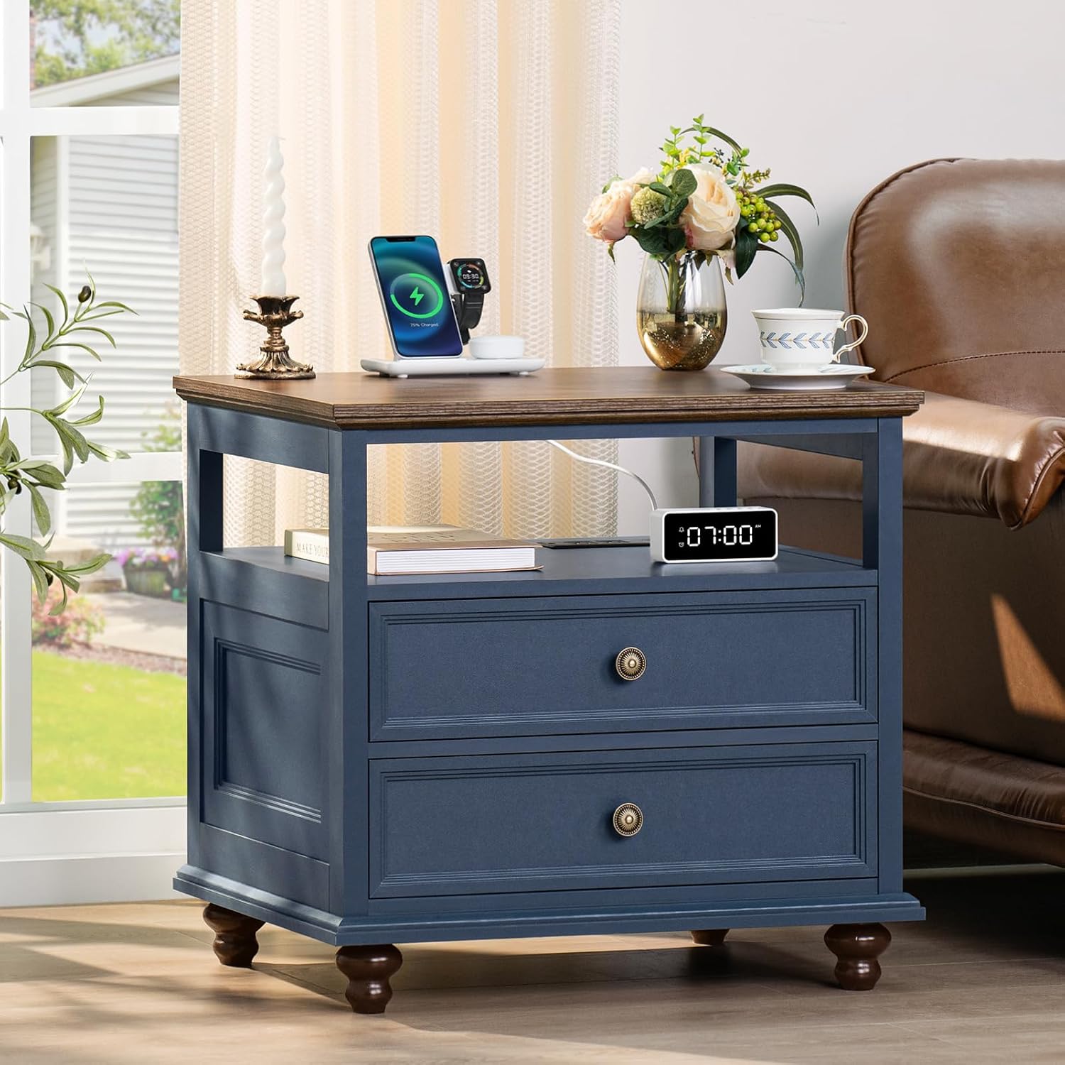 Joaxswe Farmhouse Nightstand Set of 2 with Charging Station, 24' Wide End Table with 2 Drawers,Wood Dresser for Bedroom,Bed Side Table Chest of Drawers Cabinet,Navy BlueNight Stand for Living Room