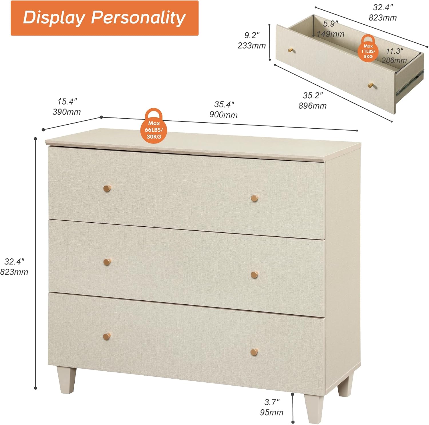 WAMPAT 3-Drawer Nightstand, Modern Wood Bedside Table with Wide Drawers, Large Storage Sofa Side End Table for Bedroom or Living Room, Beige Linen Textured, 35 Inches Wide