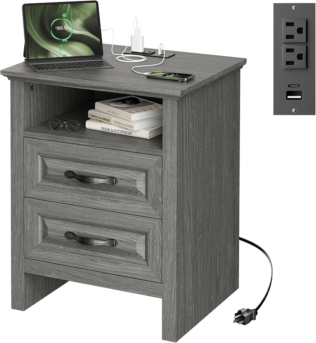 Marsail Nightstand for Bedroom, Night Stand with Charging Station, Bedside Table with 2 Drawers & Open Shelf, Farmhouse End Table Storage Cabinet, Gray