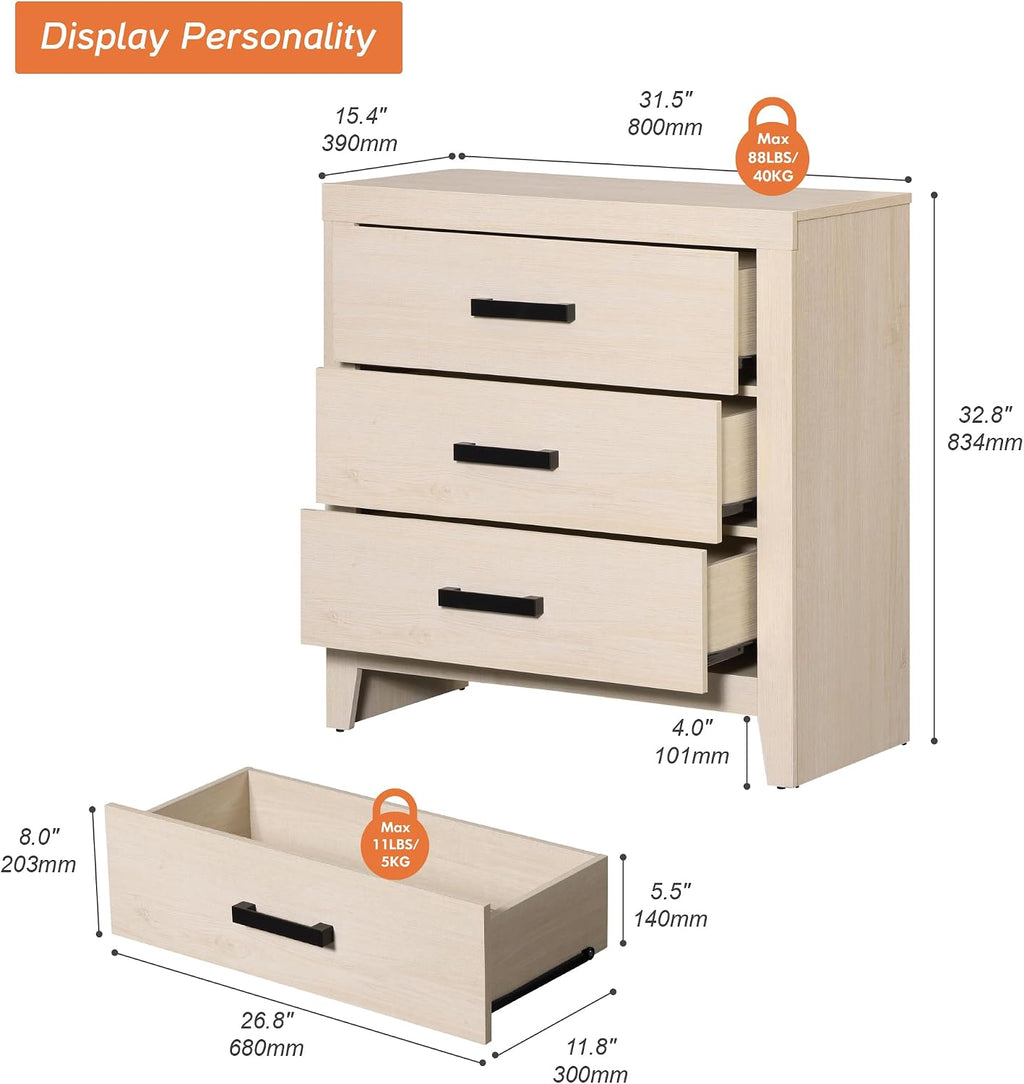 WAMPAT Farmhouse Nightstand with 3 Drawers, Large Wood Bedside Table, Wide Sofa Side End Table, Storage Organizer Chest for Living Room, Bedroom, Hallway, Beige, 32 Inches