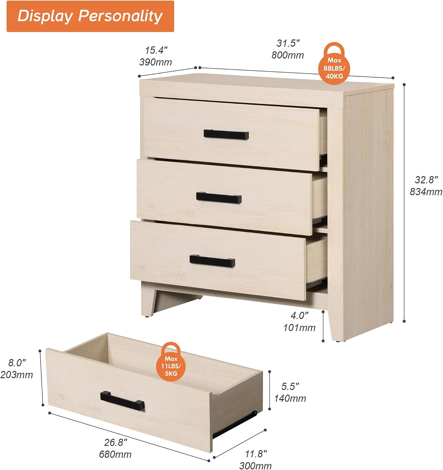 WAMPAT Farmhouse Nightstand with 3 Drawers, Large Wood Bedside Table, Wide Sofa Side End Table, Storage Organizer Chest for Living Room, Bedroom, Hallway, Beige, 32 Inches