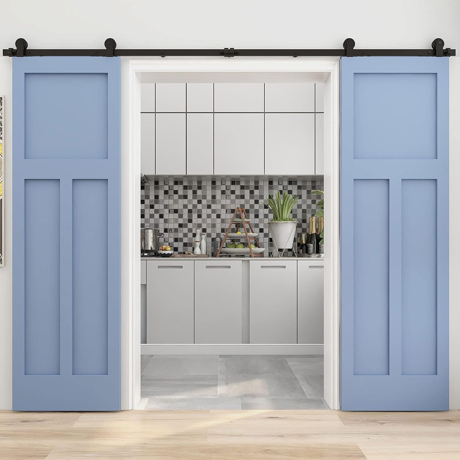 15FT Sliding Barn Double Door Hardware Cabinet Closet Track Kit Top Mount T Rollers Hangers Set for 2 Doors Black