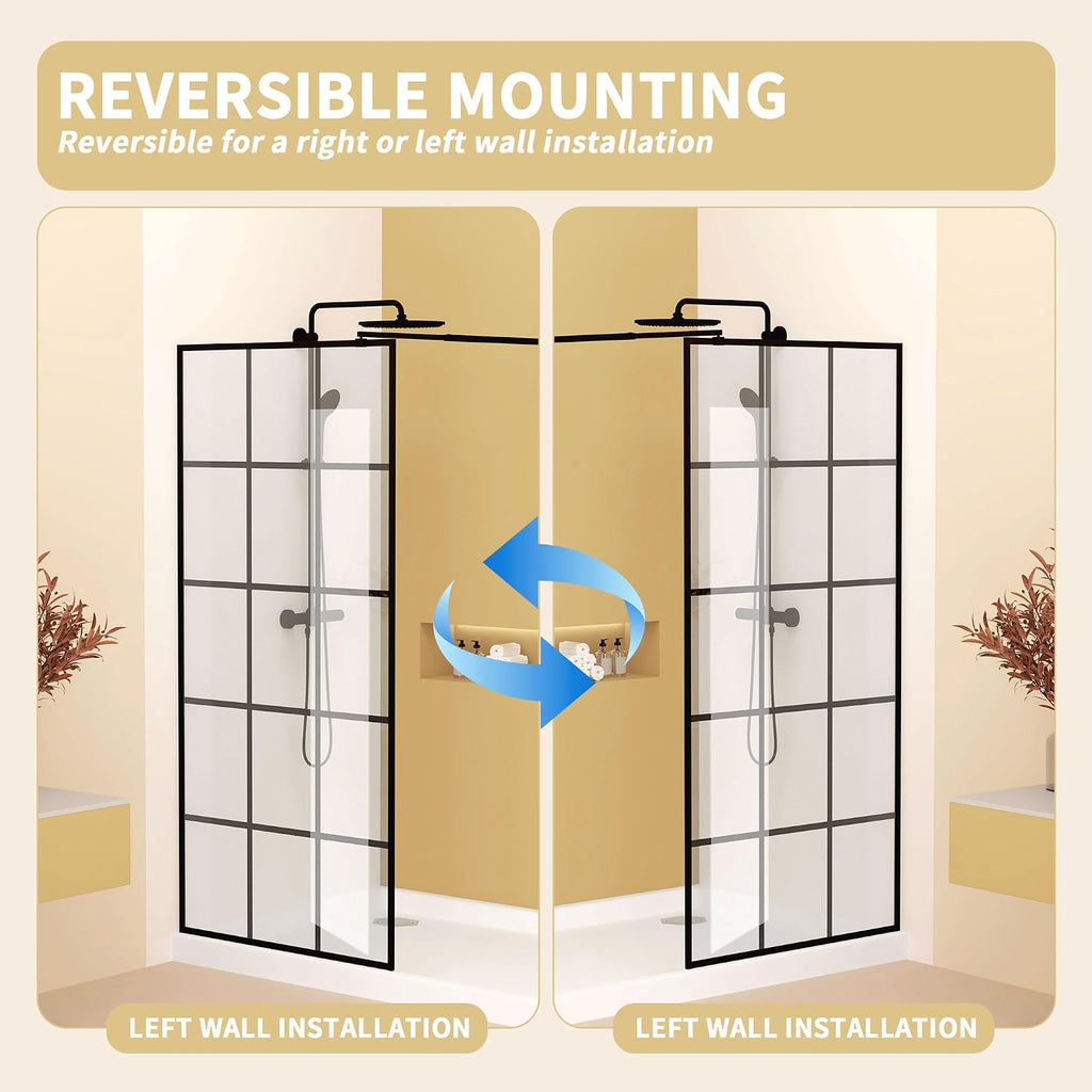 Framed Glass Shower Screen 34' Width x 72' Height with 1,4' 6mm Silk Printing Tempered Glass, Matte Black Aluminum and Support bar, Shower Door