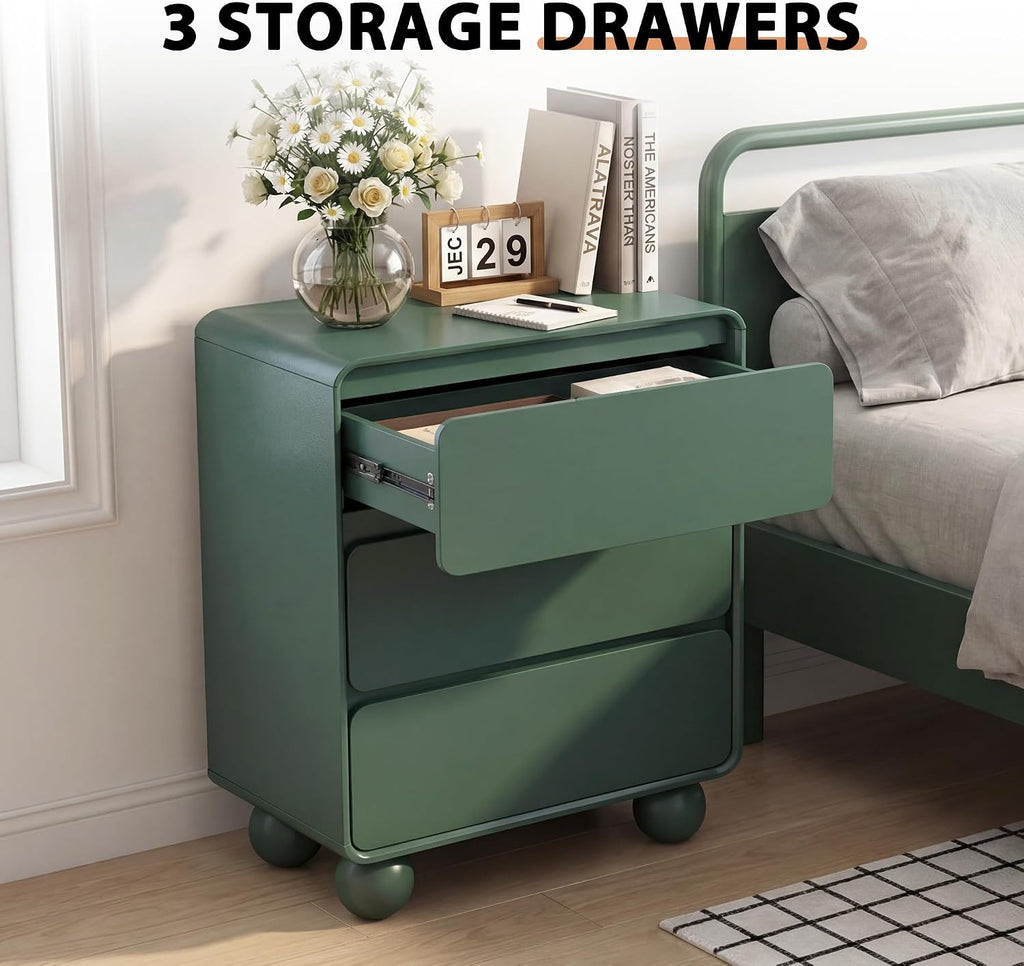 AVZEAR Wooden Night Stand wth 3 Drawer Dresser Mid Century Modern End Table Chest of Drawers, Solid Wood Legs & Curved Profile Design, Farmhouse Side Table for Living Room, Green
