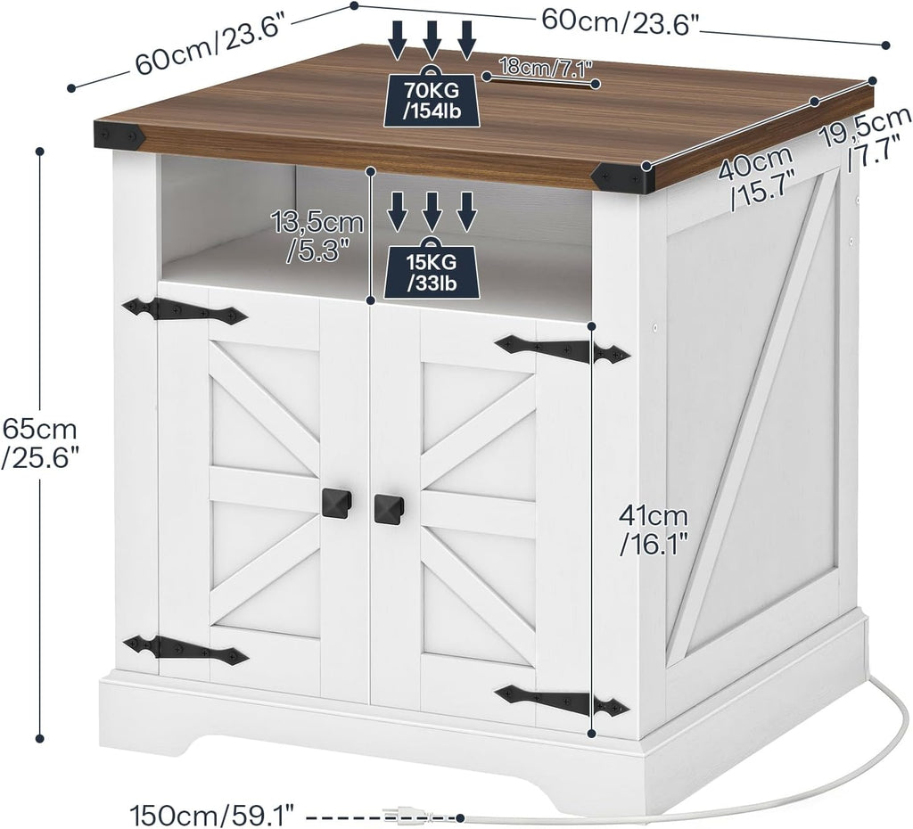 HOOBRO Farmhouse End Tables Set of 2 with Charging Station, 23.6' Large End Table for Living Room, Sofa Side Table with Barn Door, Wooden Square Nightstand Bedside Table, White and Walnut WH601UBZP201
