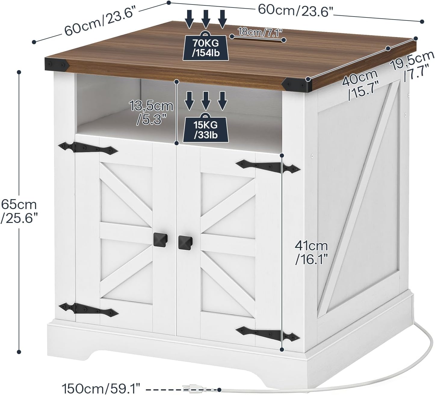 HOOBRO Farmhouse End Tables Set of 2 with Charging Station, 23.6' Large End Table for Living Room, Sofa Side Table with Barn Door, Wooden Square Nightstand Bedside Table, White and Walnut WH601UBZP201