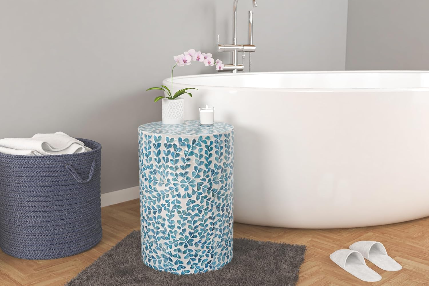 PEMAR Mother of Pearl Inlaid Cylinder Drum End Table Nacre Capiz Shell Side Table Stool Drum Accent Table Coffee Bedside Side Table Round Nightstand and Vanity Stool (Teal Floral)