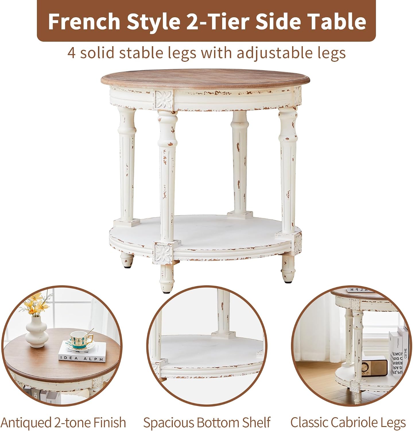 BERRYMERRY 23.6' French Country Two Tone Round End Table,Chipped White Vintage 2 Tier Side Table for Living Room Small Space,Easy Assembly (White 1 PC)