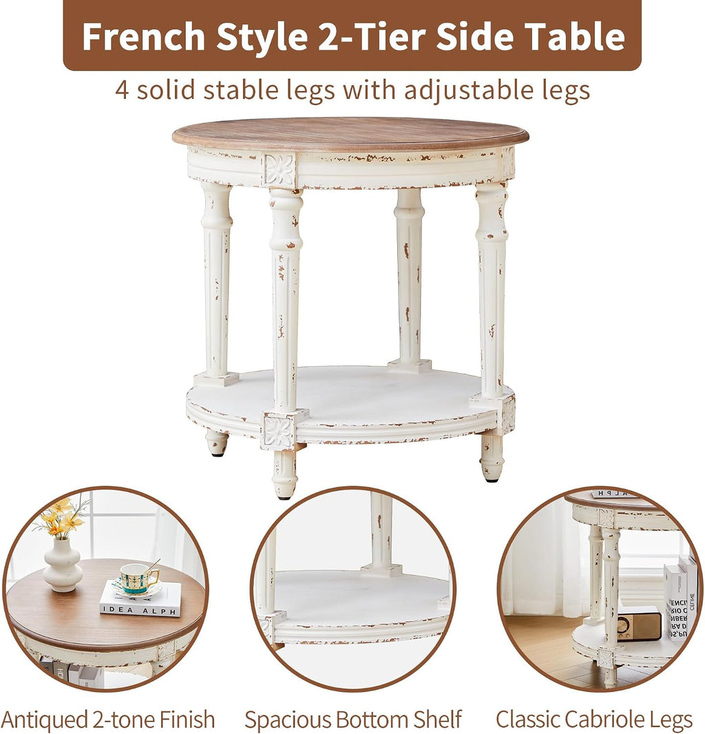 BERRYMERRY 23.6' French Country Round End Table Set of 2, Two Tone Distress 2 Tier Side Table for Living Room Small Space,Easy Assembly
