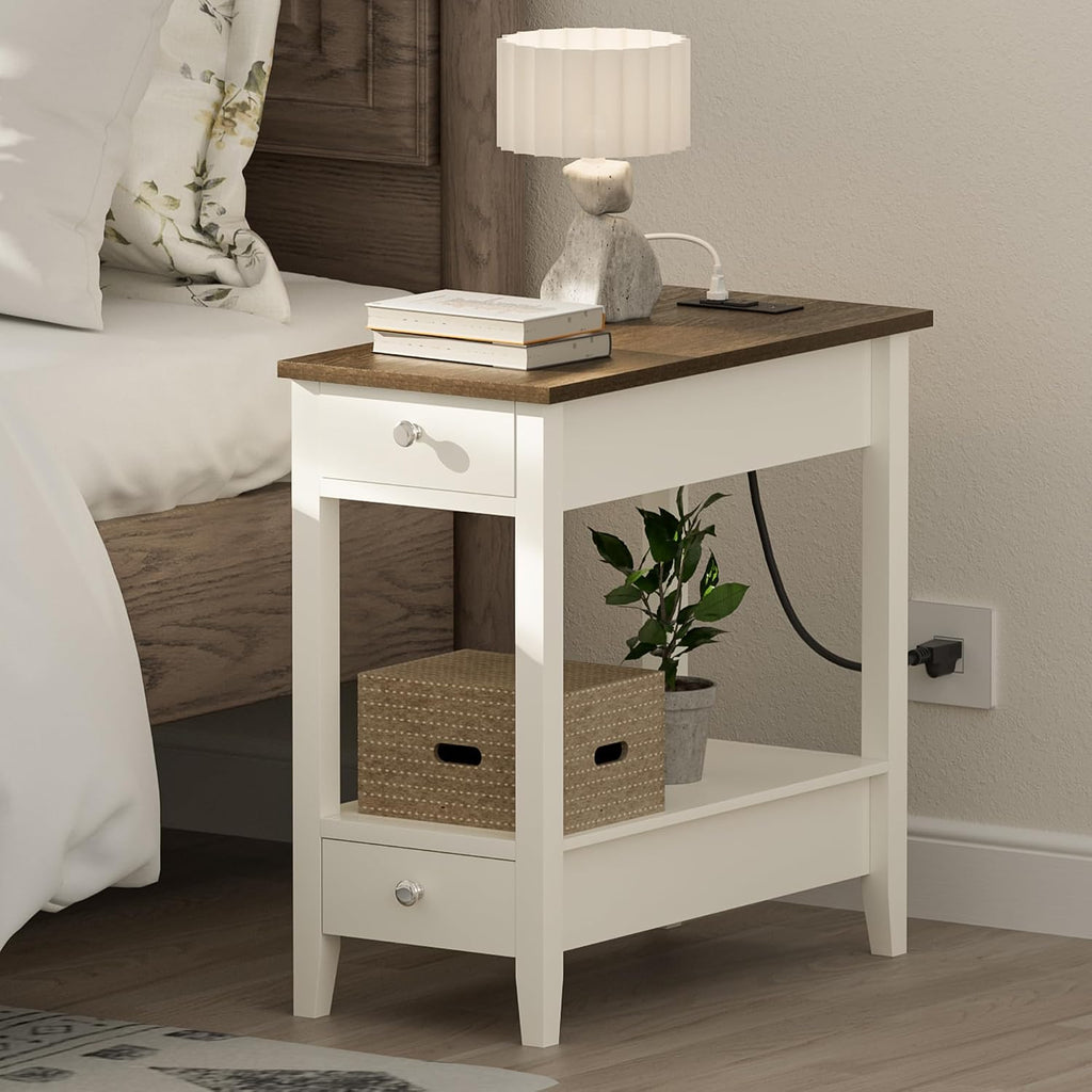 Treocho Farmhouse End Tables Living Room Set of 2, Narrow Side Table with Charging Station, Soft White Table Bedside Sofa for Small Spaces, Living Room, Bedroom