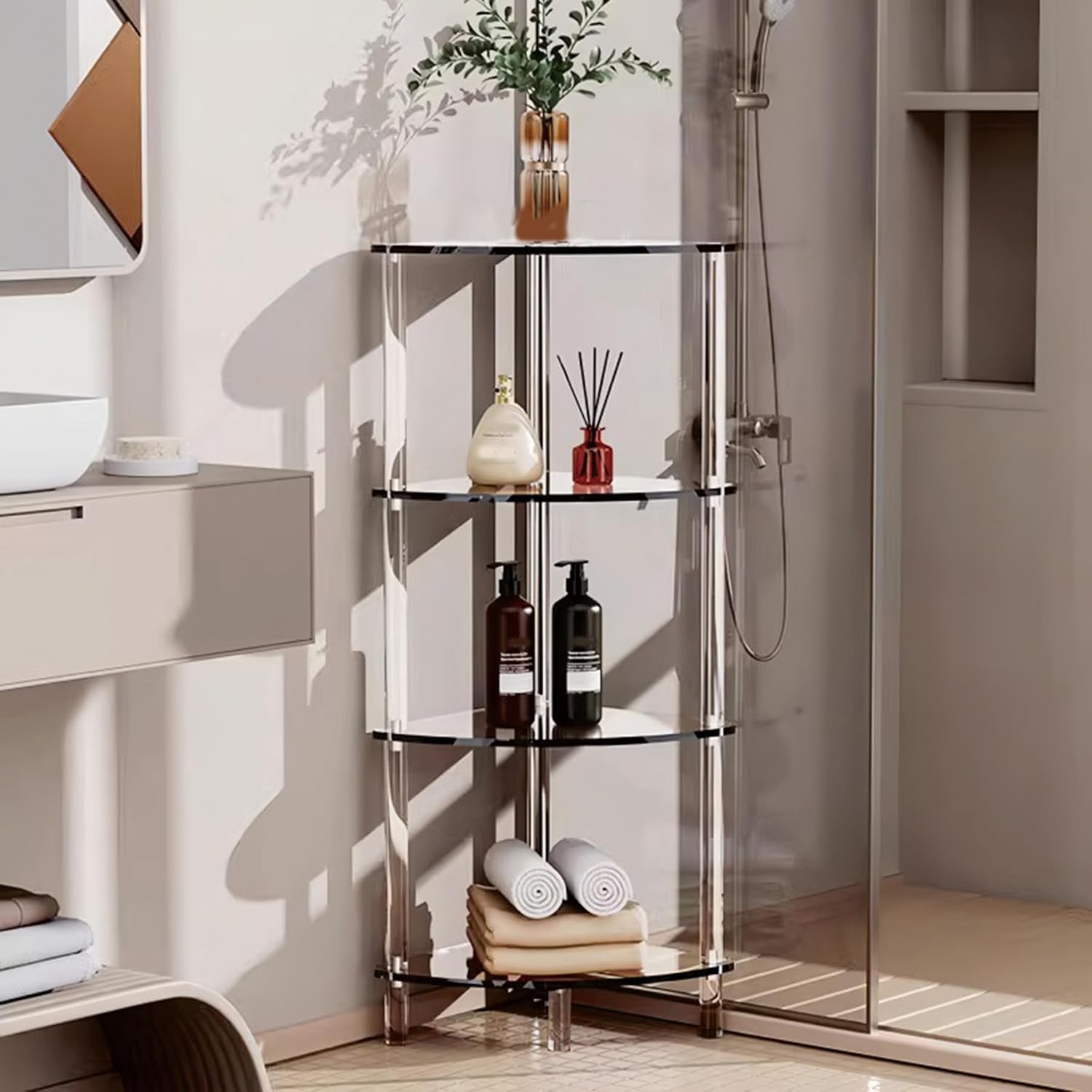 Clear Triangle Acrylic Side Table, 3-Tier Corner Shelf Stand End Table, Acrylic Bedside Table for Small Spaces, for Living Room, Bedroom, Bathroom Home Decor Display,Clear,Four Layer