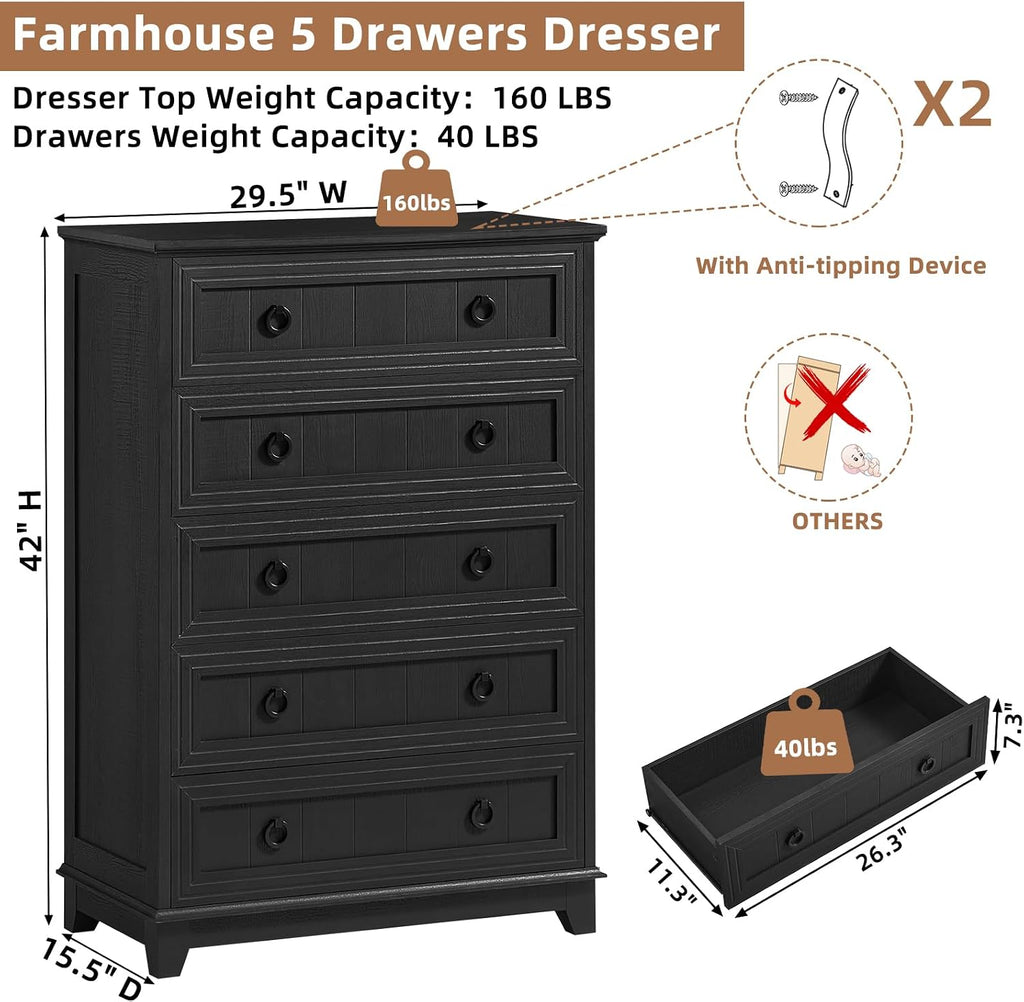 Joaxswe Farmhouse 5 Drawer Dresser for Bedroom Set of 2, 42' Tall Small Dressers & Chest of Drawers, Rustic Wood Dresser with Metal Handle, Storage Organizer Closet for Living Room, Hallway,Entryway