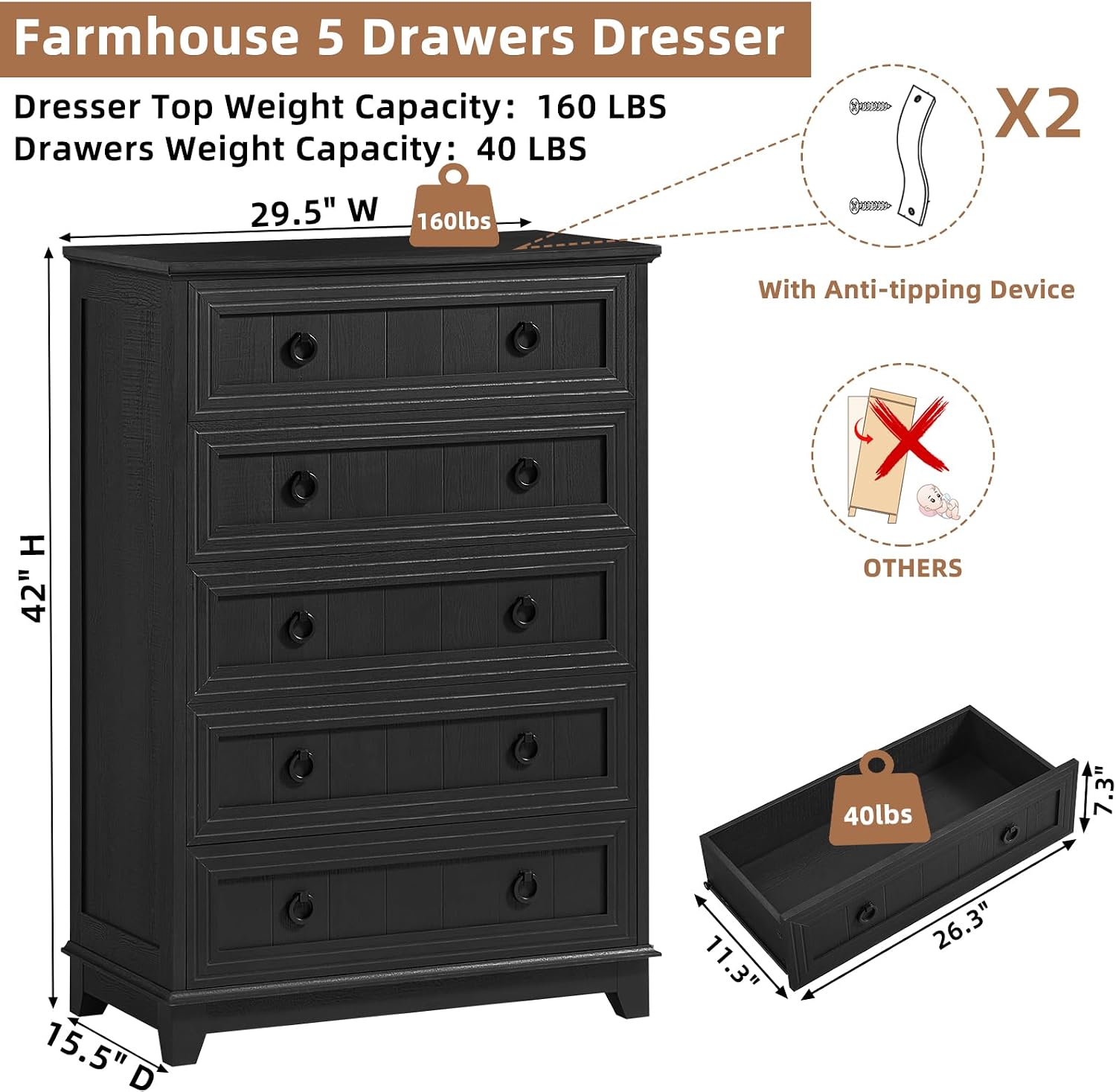 Joaxswe Farmhouse 5 Drawer Dresser for Bedroom Set of 2, 42' Tall Small Dressers & Chest of Drawers, Rustic Wood Dresser with Metal Handle, Storage Organizer Closet for Living Room, Hallway,Entryway