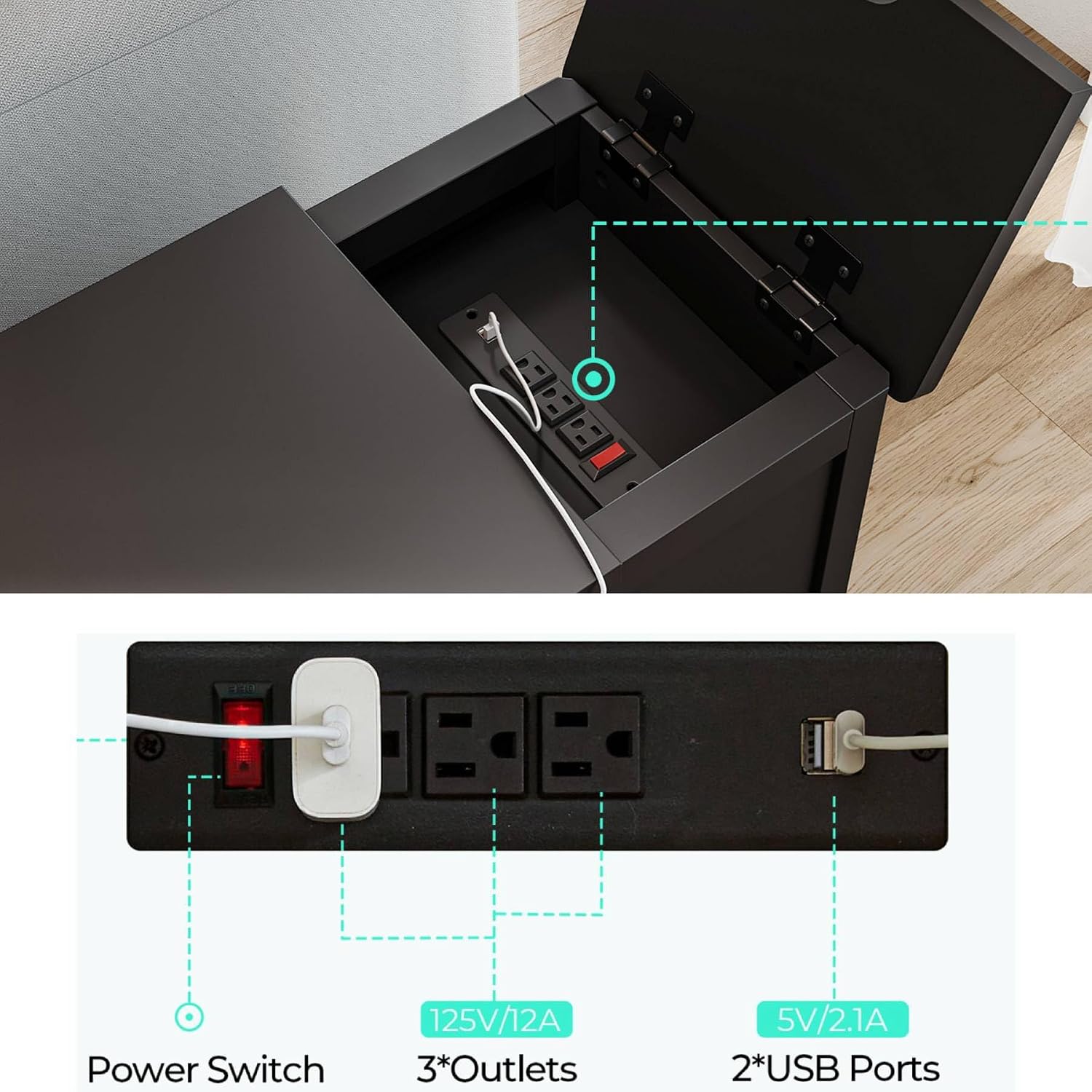 LINSY HOME End Table Set of 2 with Charging Station, Modern Farmhouse Sofa Couch Side Table, Wooden Bedside Table for Living Room Bedroom, Narrow Nightstand with Storage for Small Space, Black